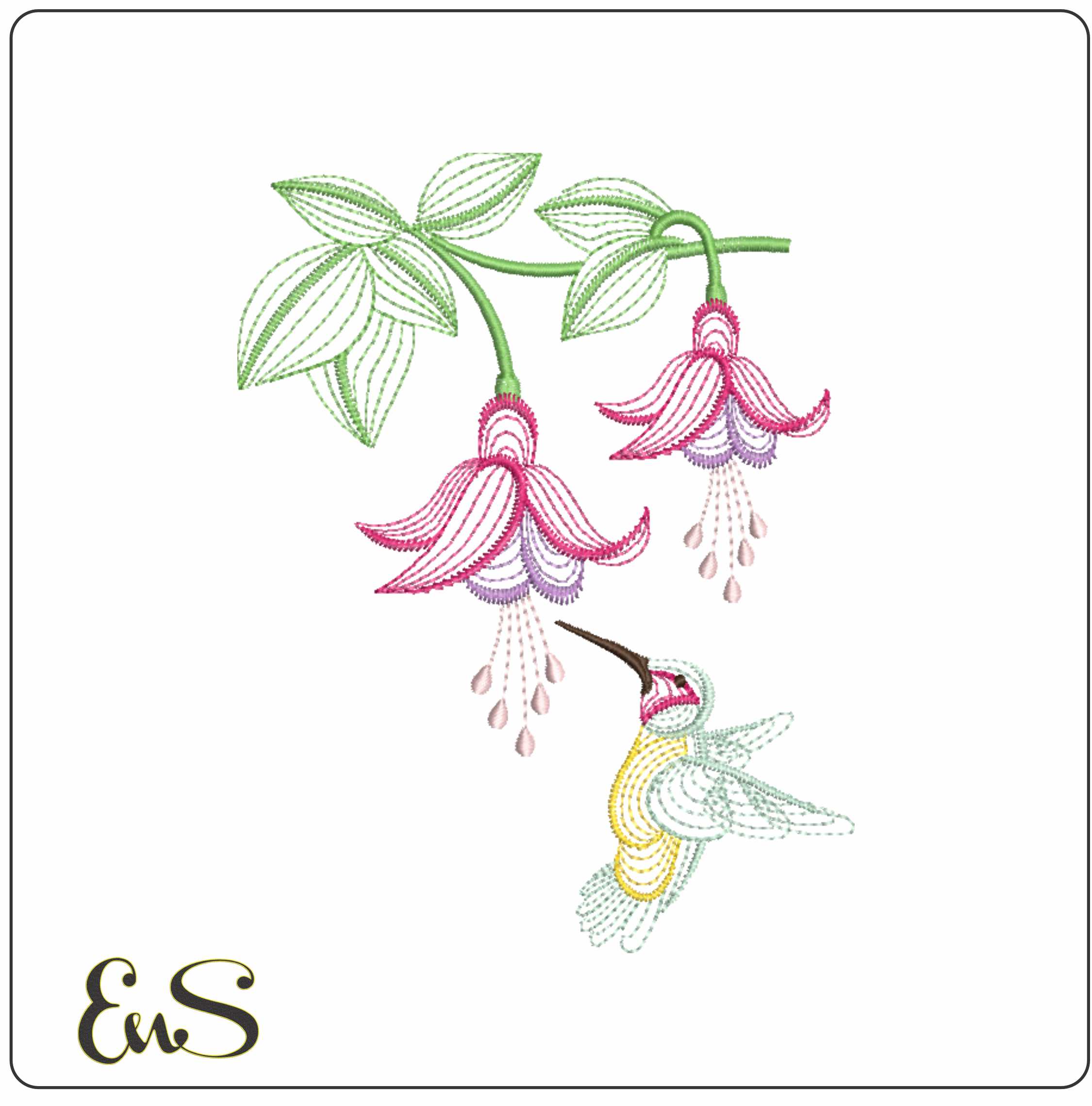 Humming Bird On Flowers Line Art
