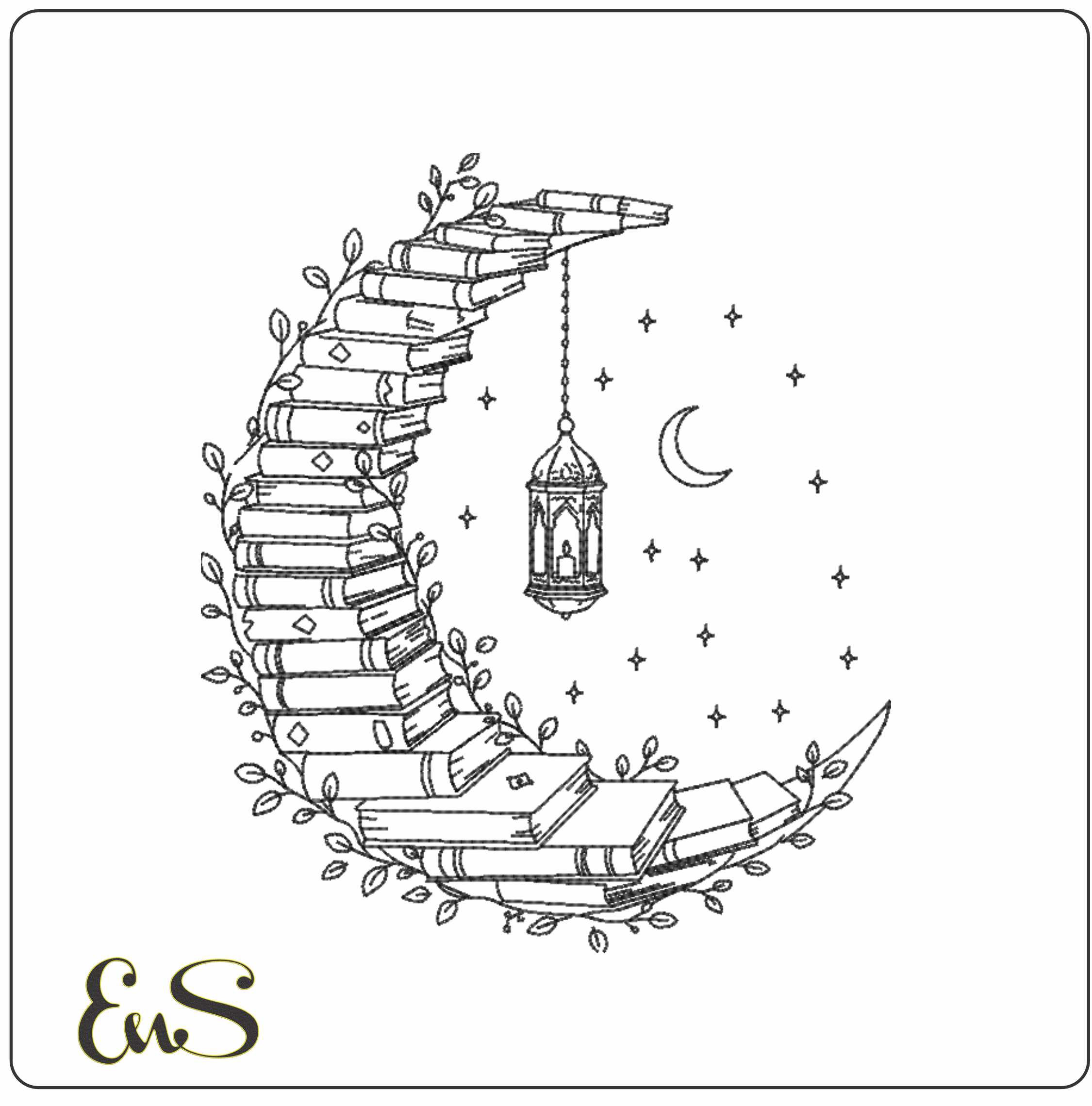 Moon Made Of Books Line Art