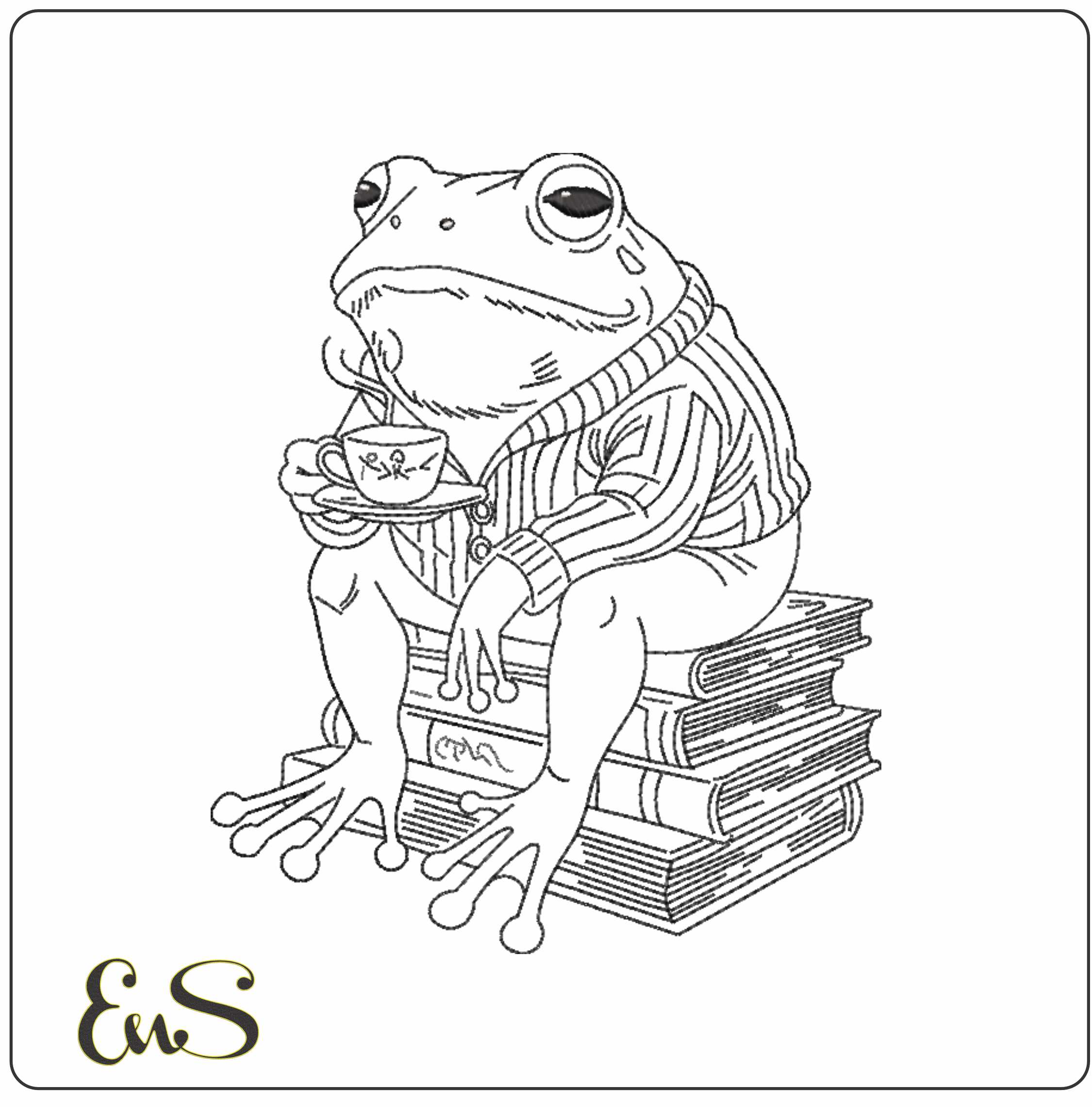 Toad On Books With Cup Of Tea
