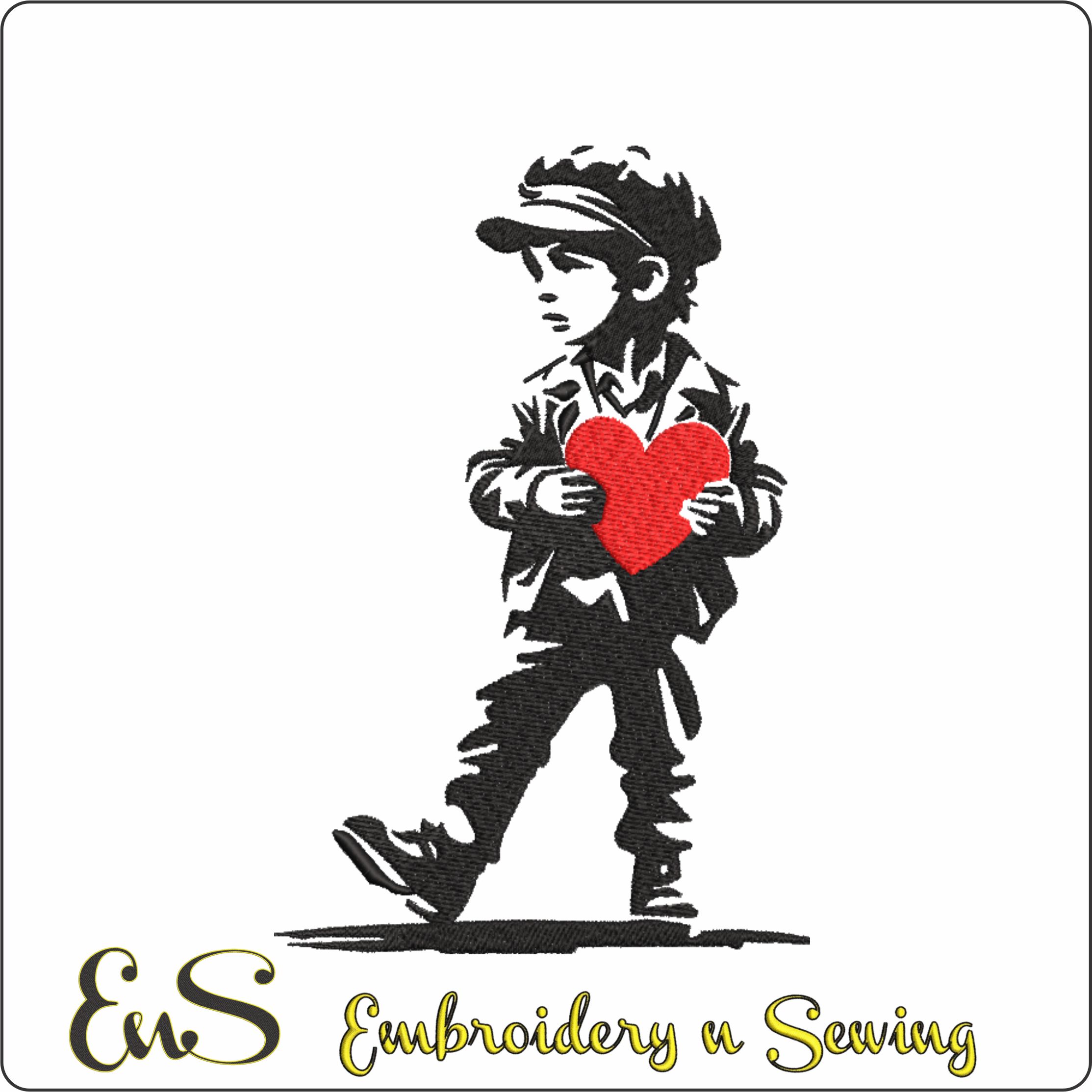 Banksy Style Graffiti Boy With Red Heart Silhouette