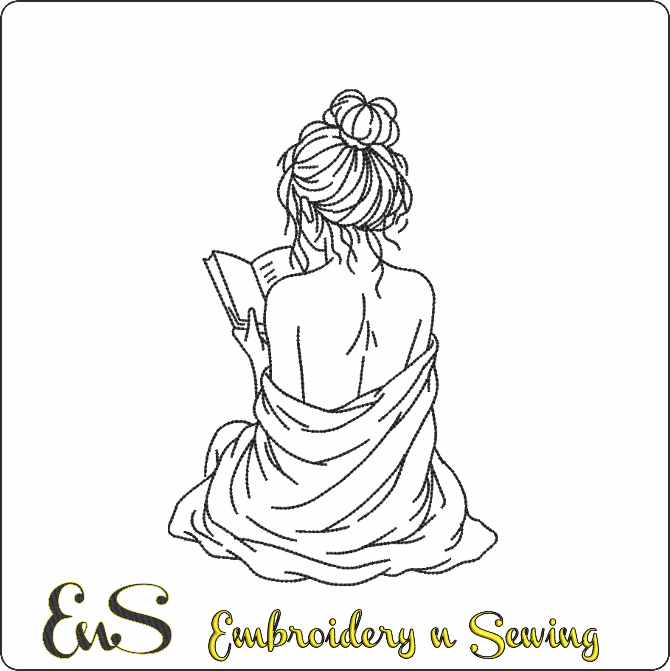 Girls Back Reading A Book Line Art