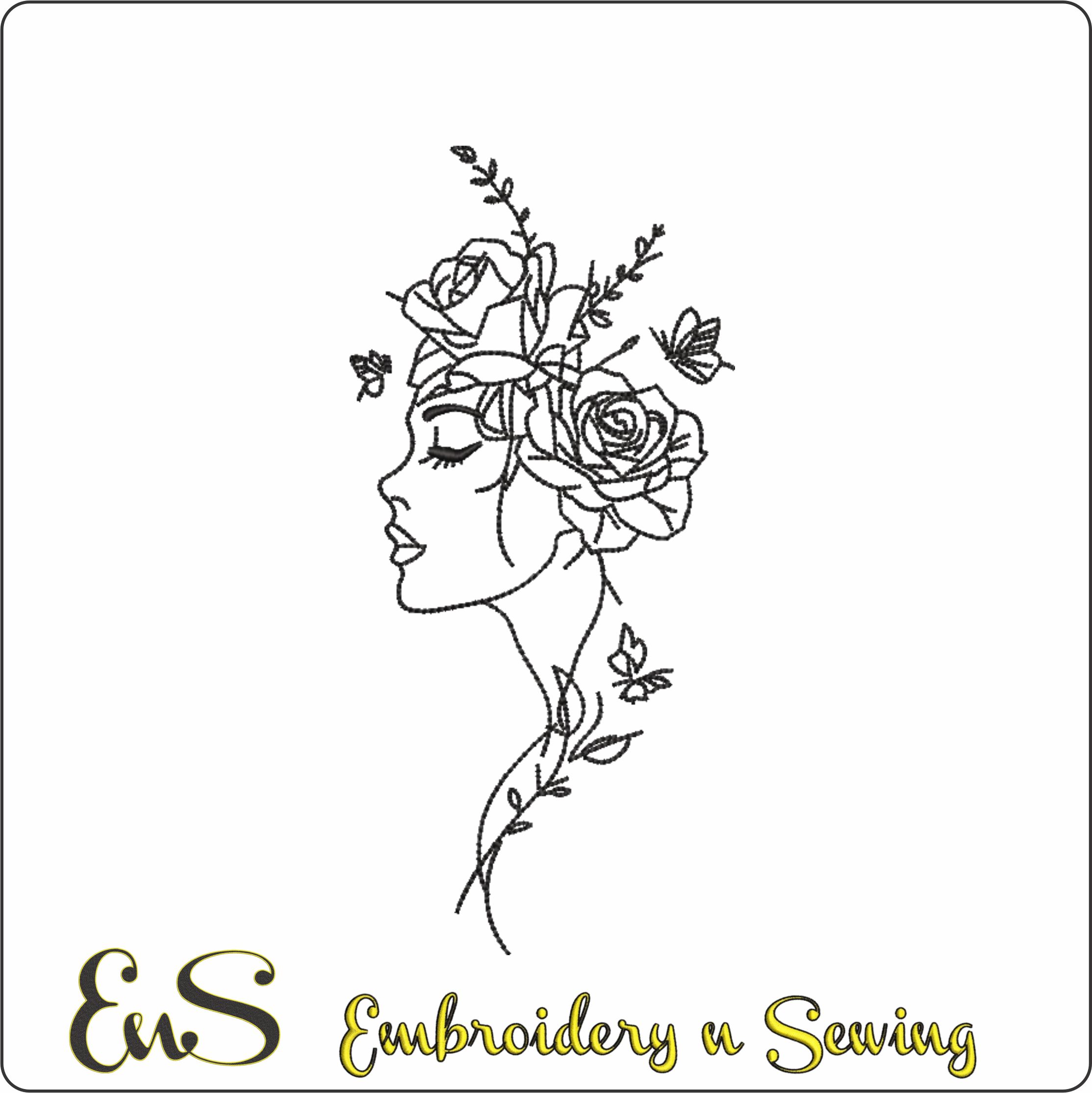 Woman With Rose And Butterflies Line Art