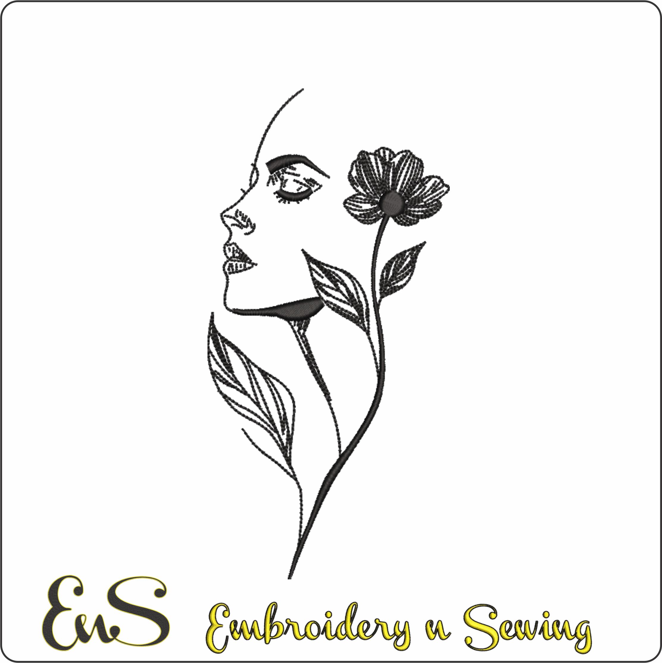 Womans Face With Poppy Flower Line Art