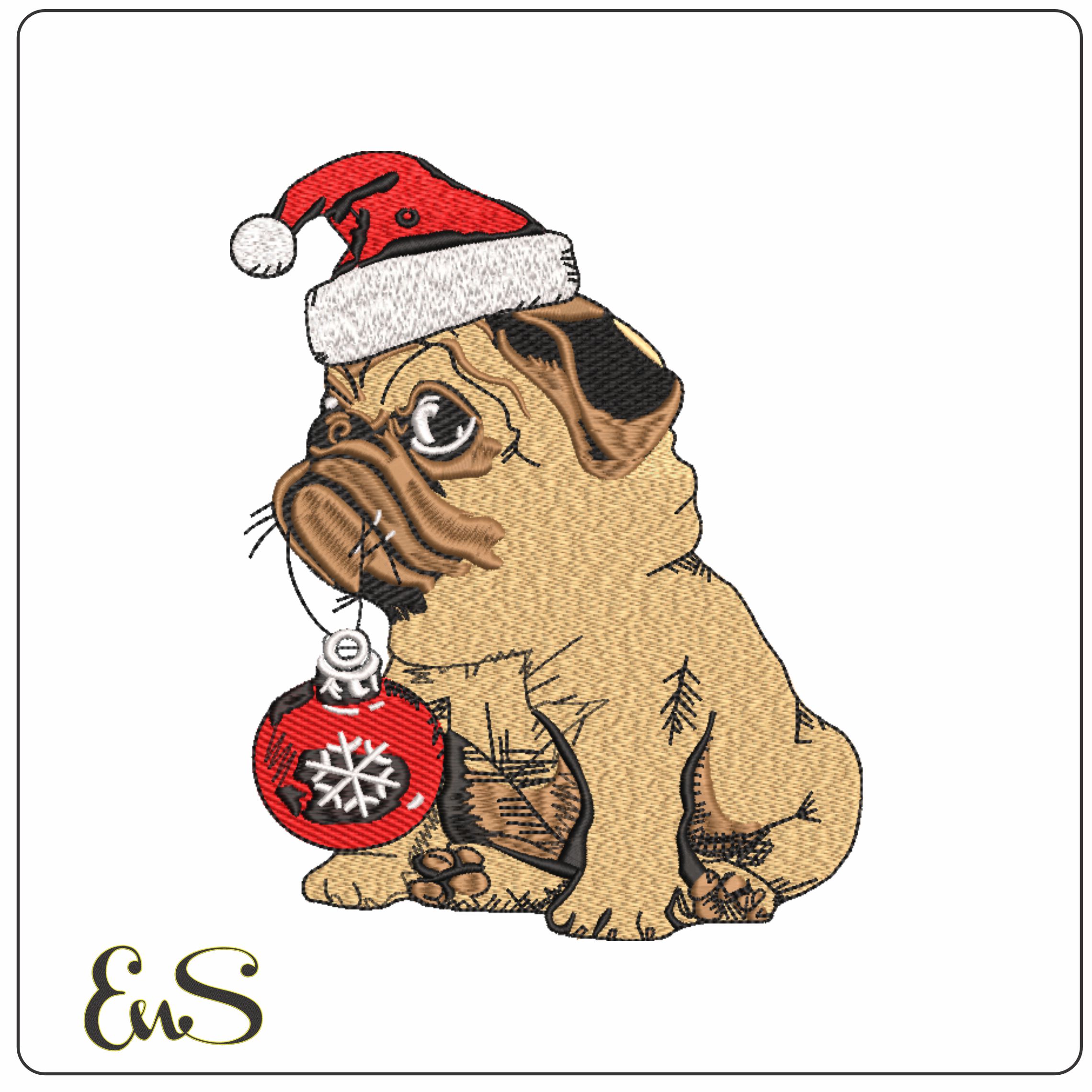 Christmas Pug - embroidery file - instant download in a frame