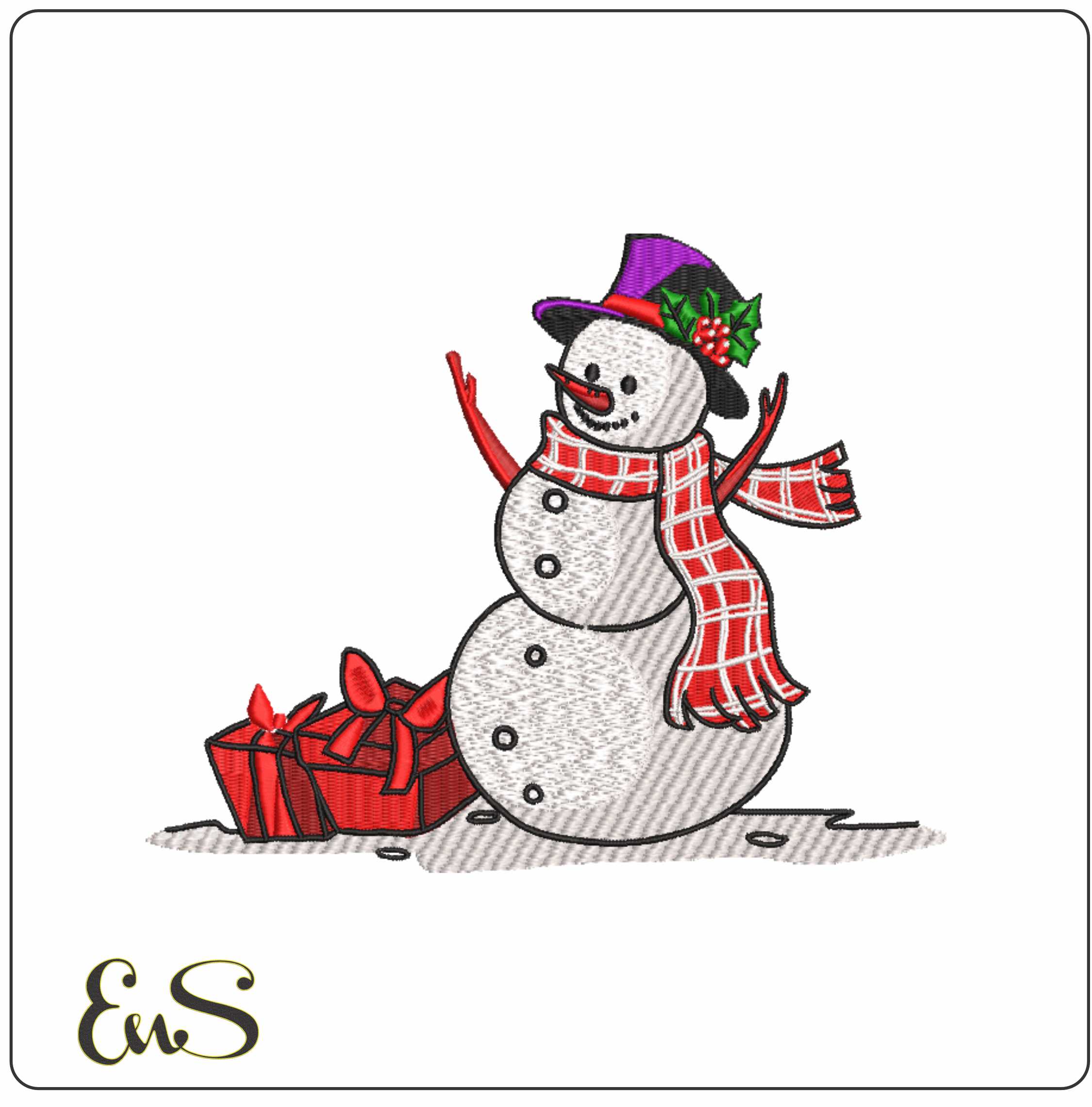 Snowman And Present Large Christmas - embroidery file - instant download in a frame