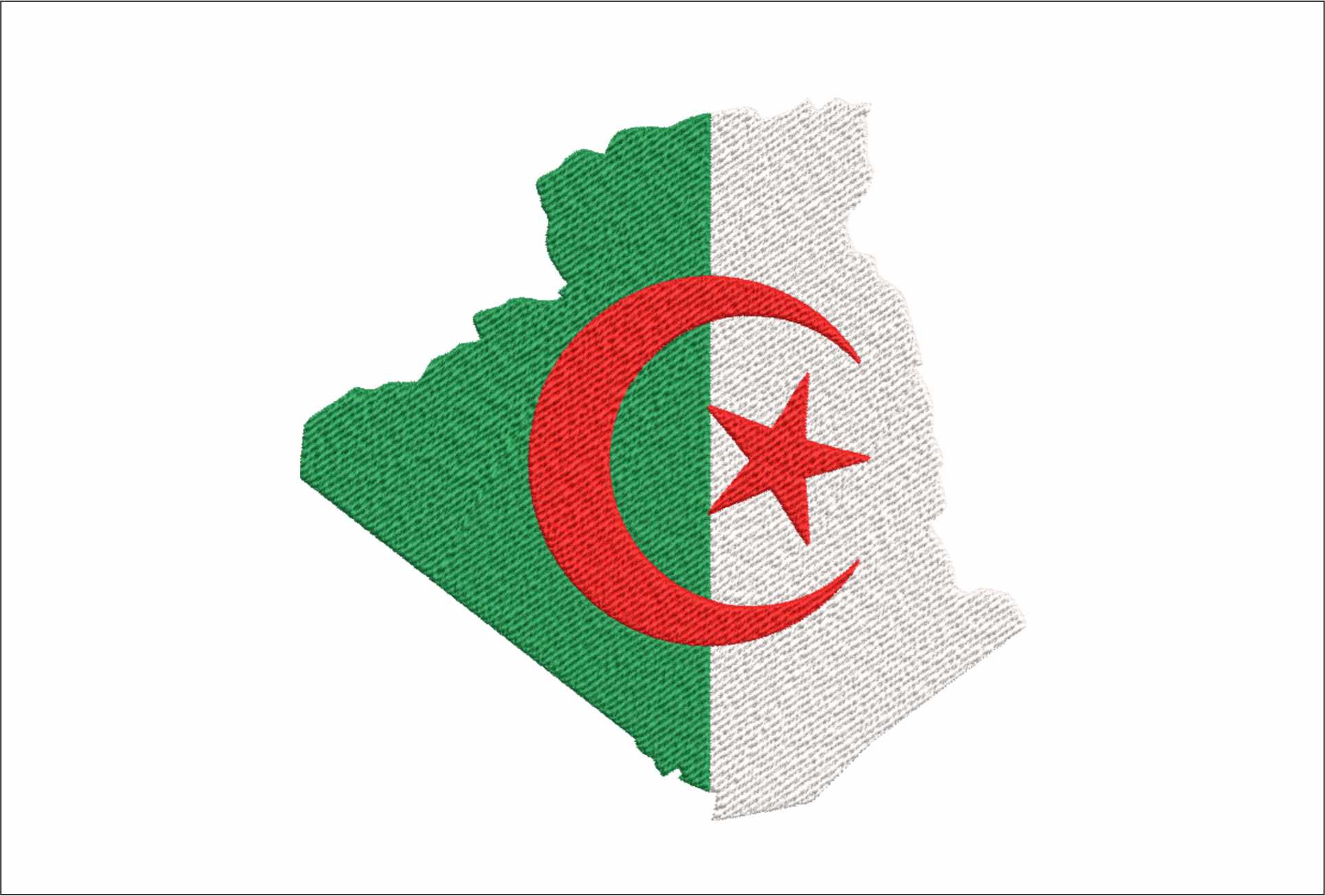 Algeria Flag in Country Outline, National Map Flag, Green White Red, Islamic Red crescent and star machine pattern embroidery file - instant download