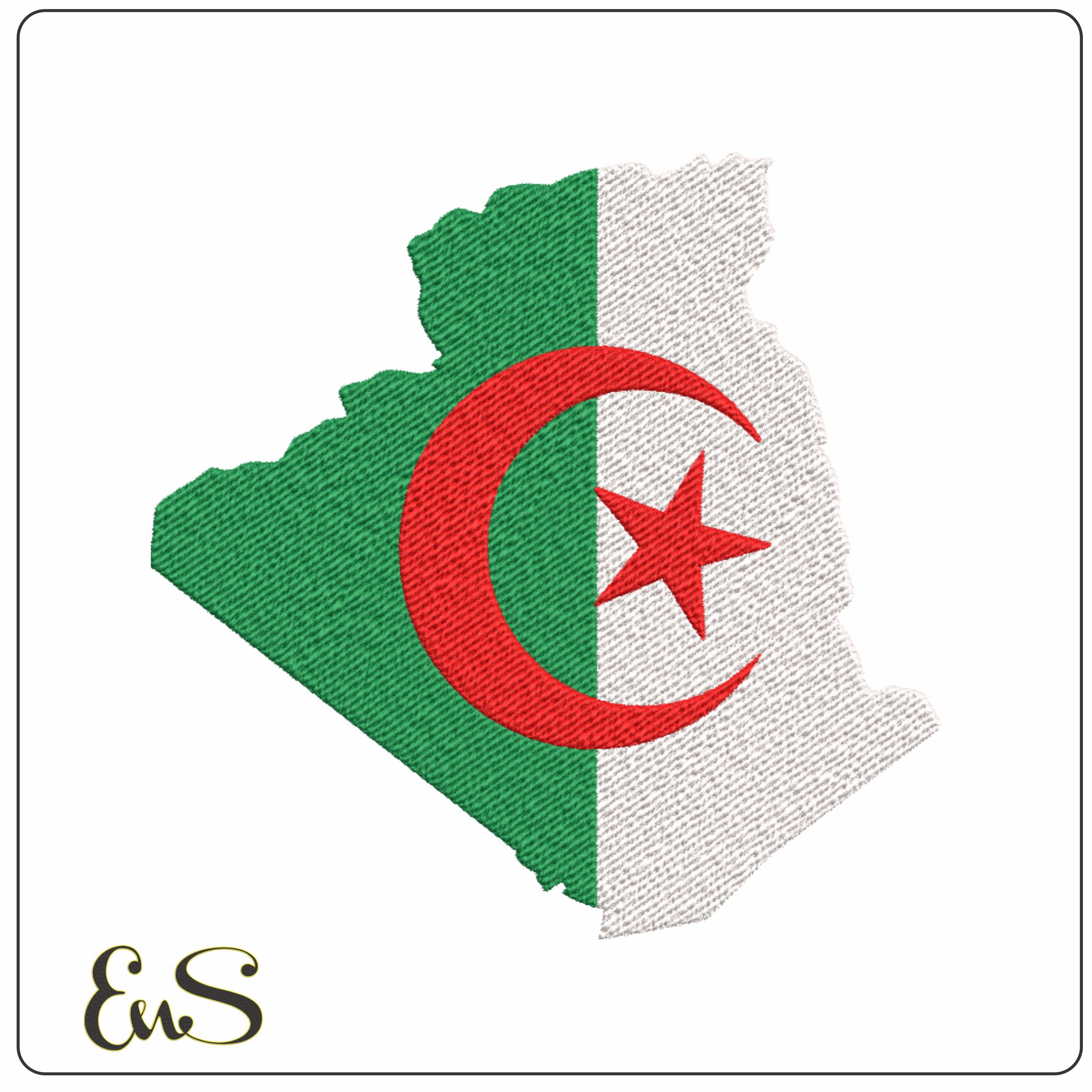 Algeria Flag in Country Outline, National Map Flag, Green White Red, Islamic Red crescent and star machine pattern embroidery file - instant download