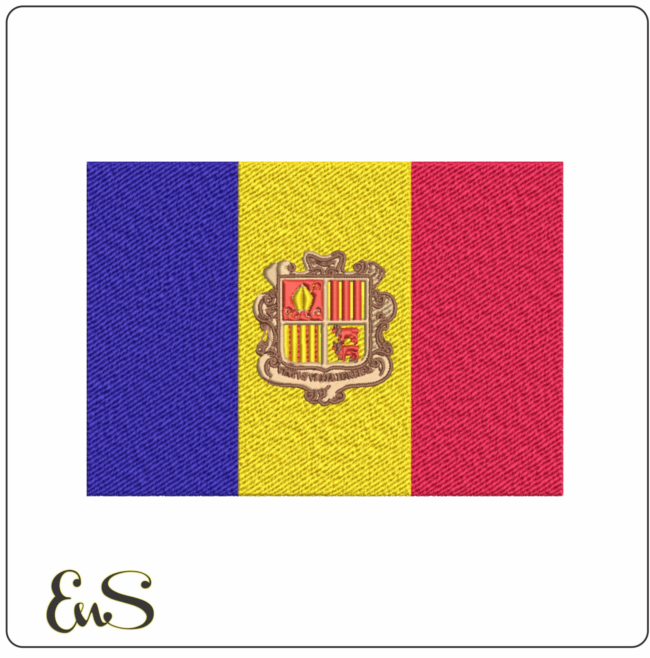 Andorra Flag, National Map Flag, Blue Yellow Red and Coat of arms machine pattern embroidery file - instant download