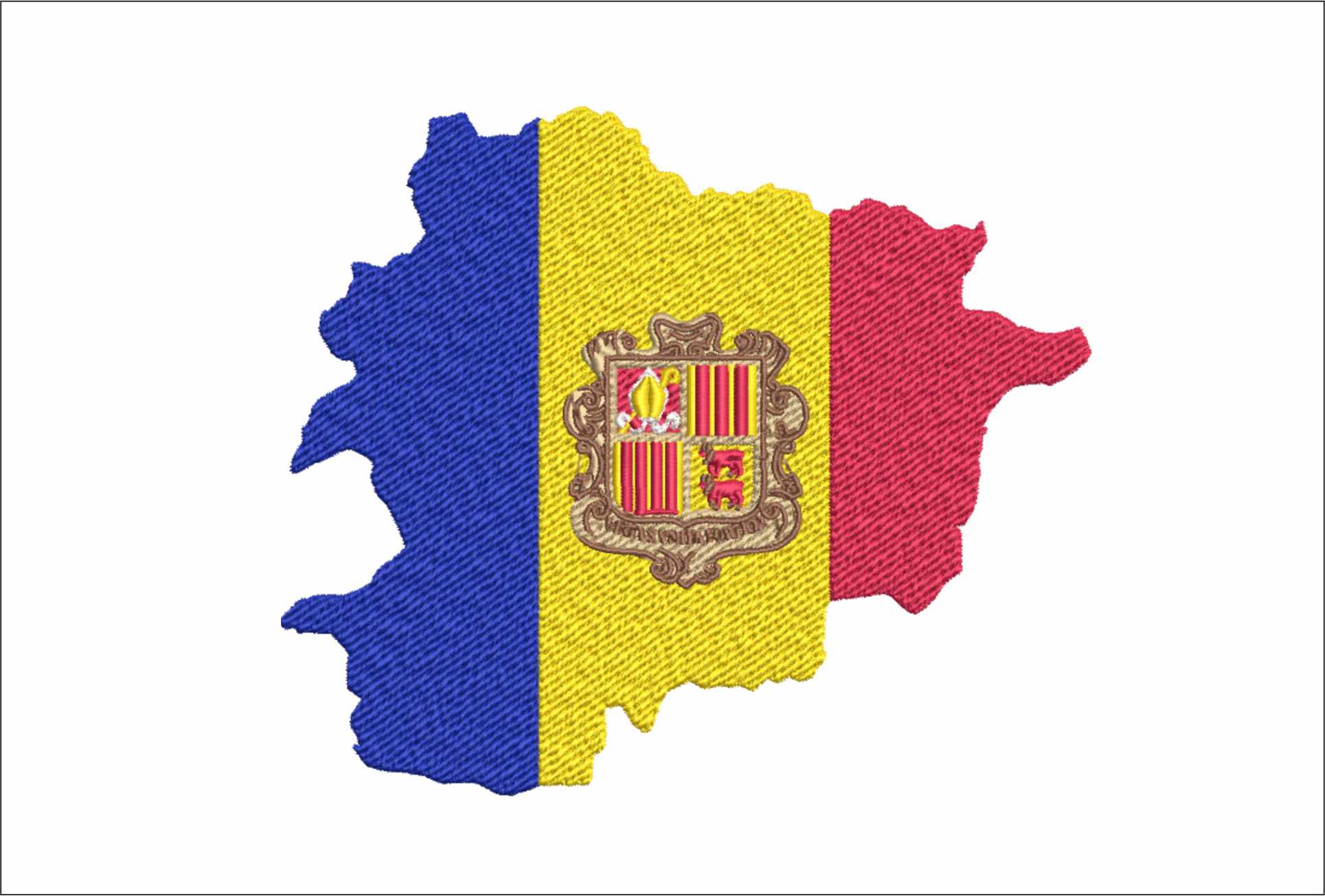 Andorra Flag in Country Outline, National Map Flag, Blue Yellow Red and Coat of arms machine pattern embroidery file - instant download