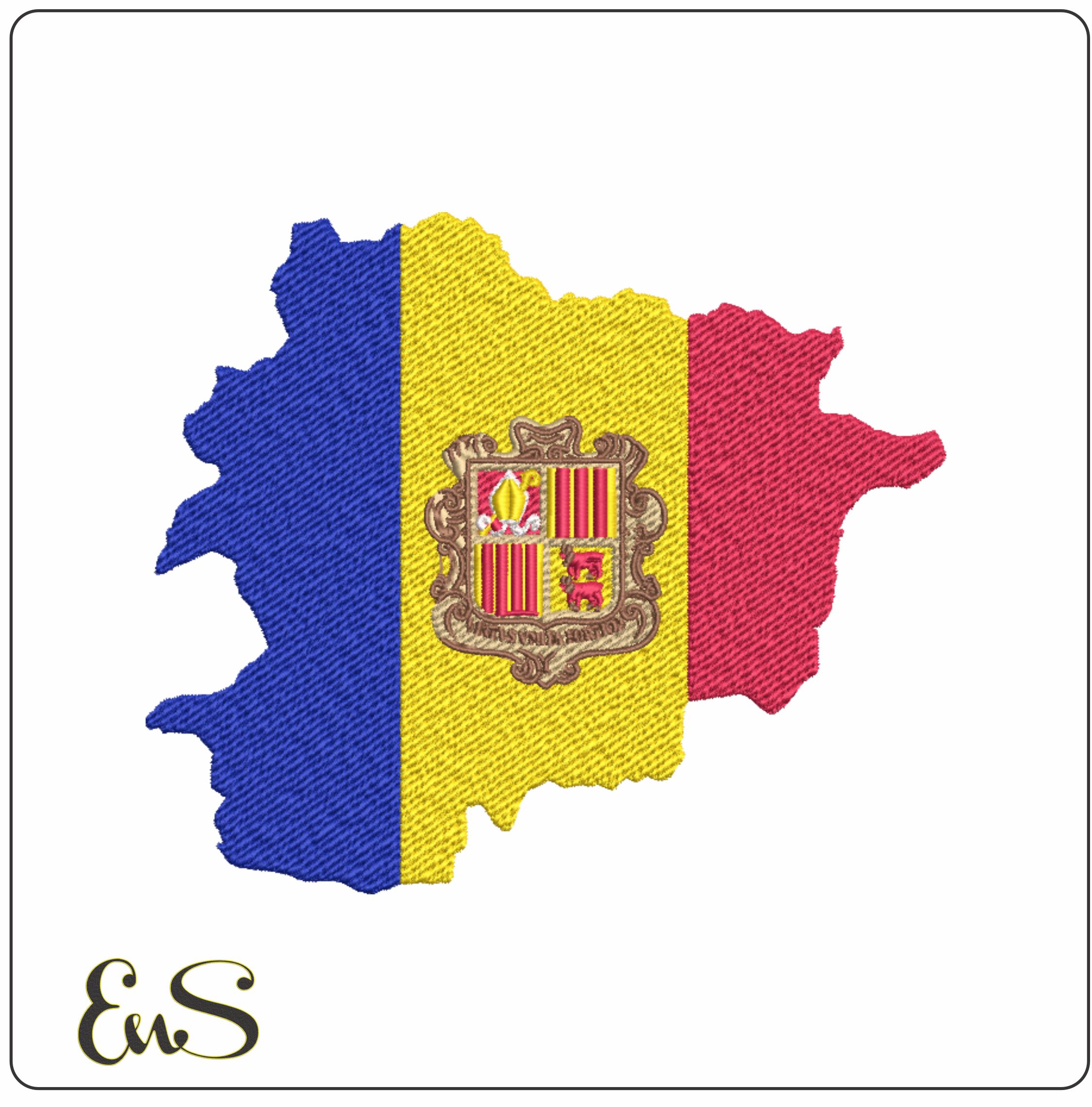 Andorra Flag in Country Outline, National Map Flag, Blue Yellow Red and Coat of arms machine pattern embroidery file - instant download