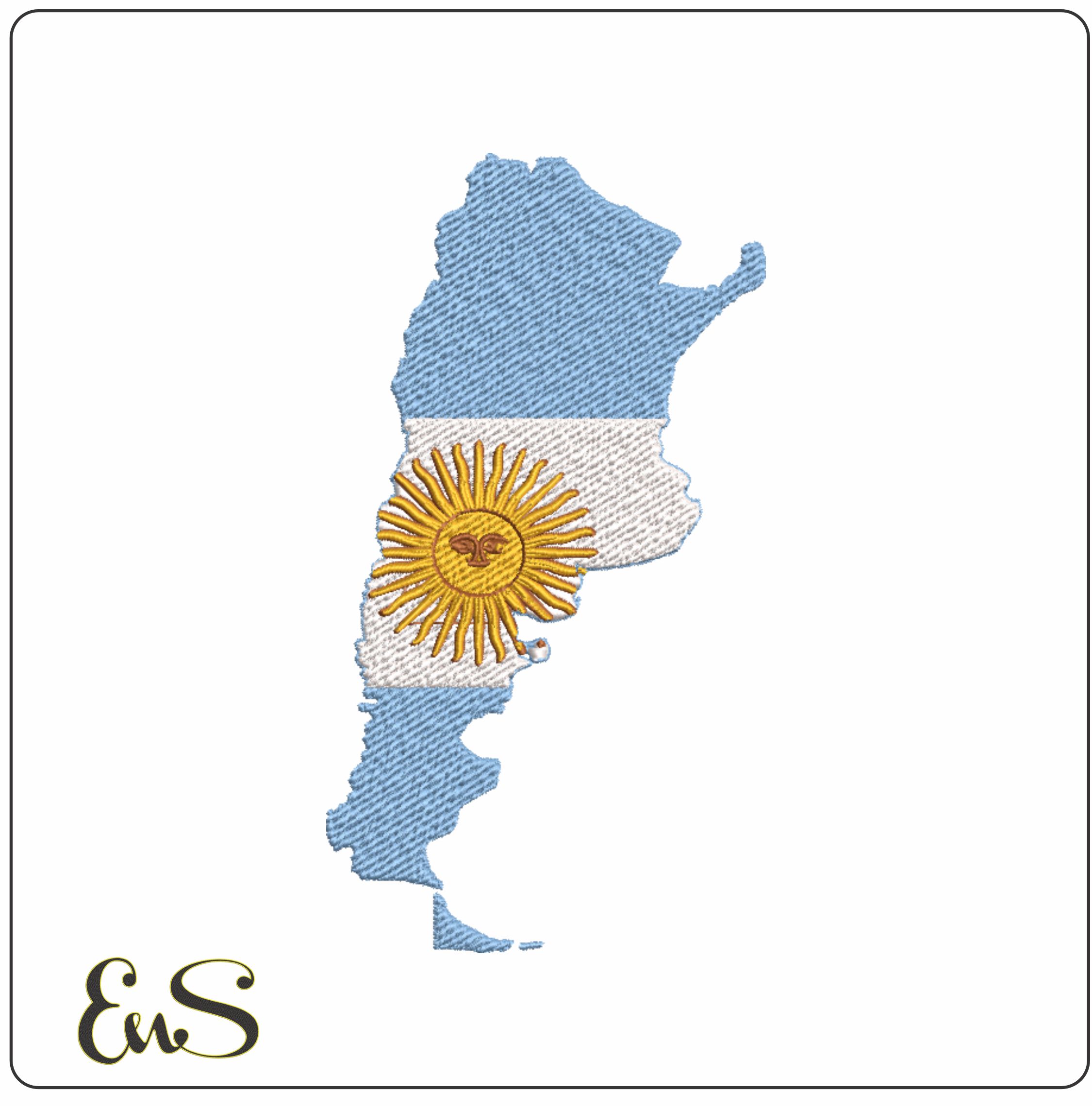 Argentina Flag in Country Outline, National Map Flag, Blue White and Sun of May, Sol de Mayo, machine pattern embroidery file - instant download