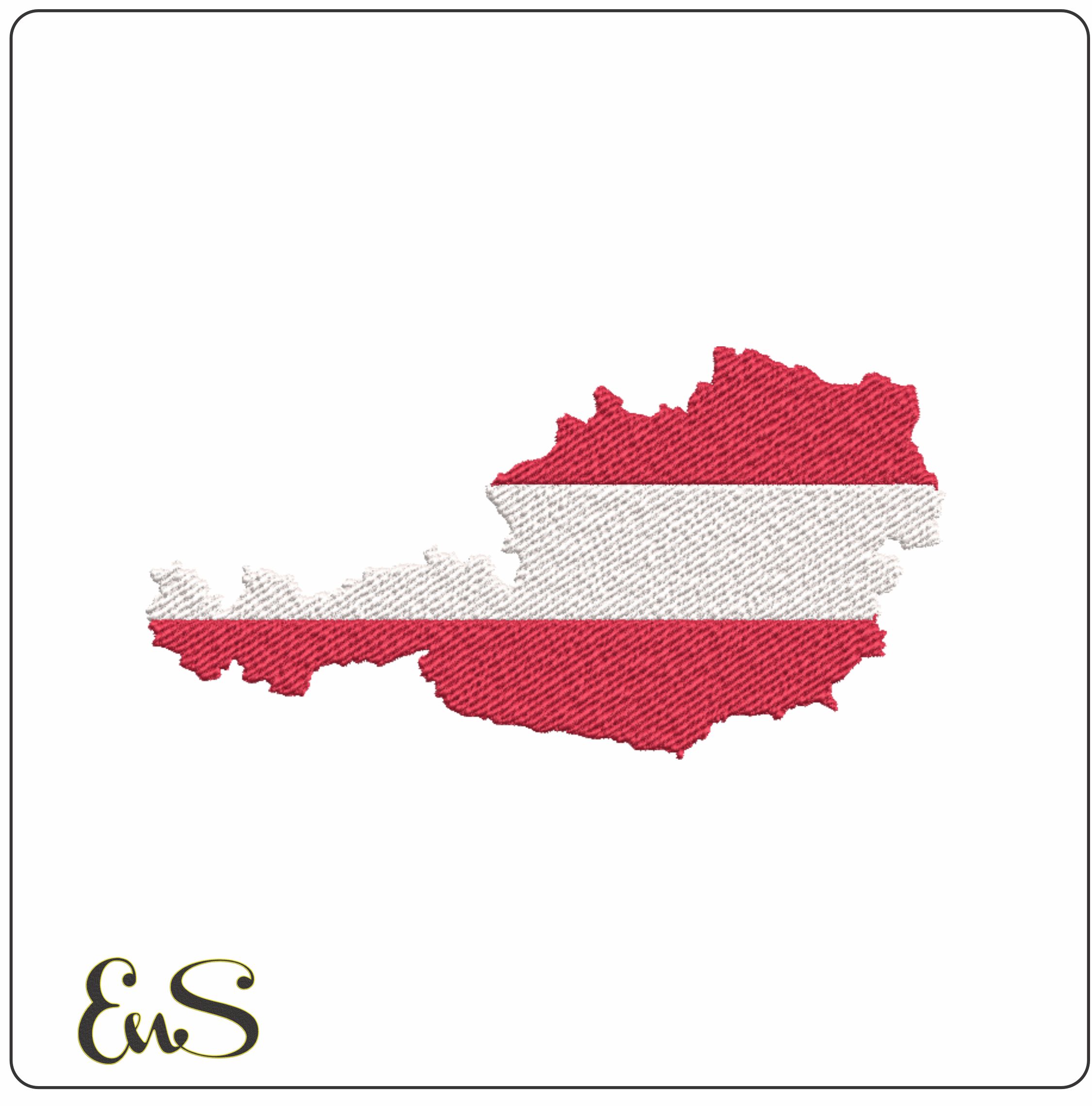 Austria Flag in Country outline, National Map Flag, Red White, machine pattern embroidery file - instant download