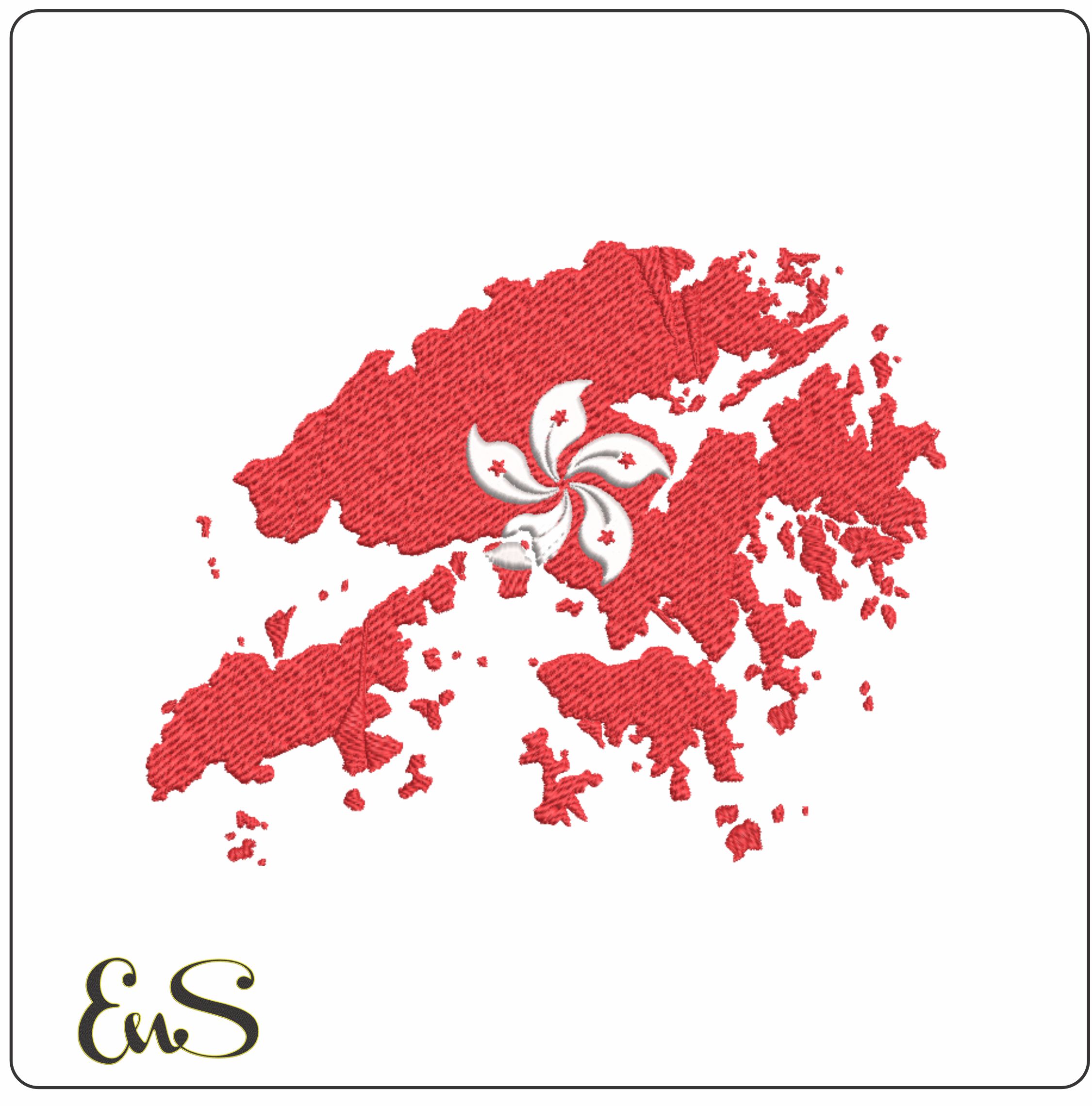 Hong Kong Flag in Country outline, National Map Flag, Red White, Bauhinia Petal Flower machine pattern embroidery file - instant download