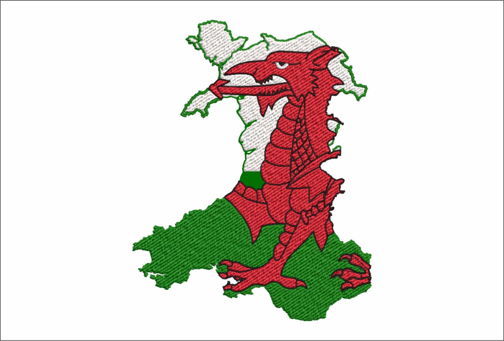 Wales Map Flag in Country outline, National Map Flag, Red, Green, White machine pattern embroidery file - instant download