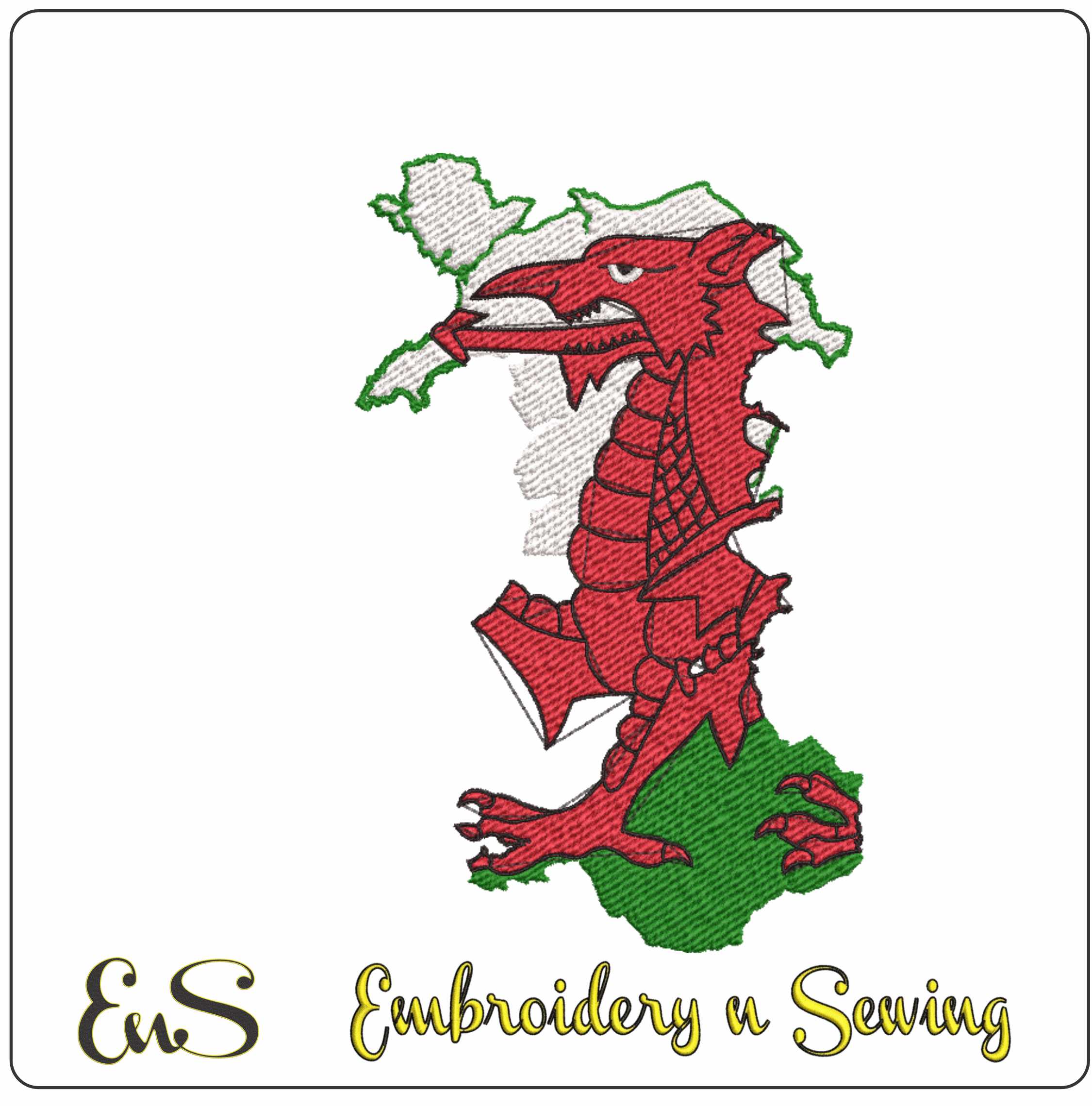 Wales Map Flag in Country outline, National Map Flag, Red, Green, White machine pattern embroidery file - instant download