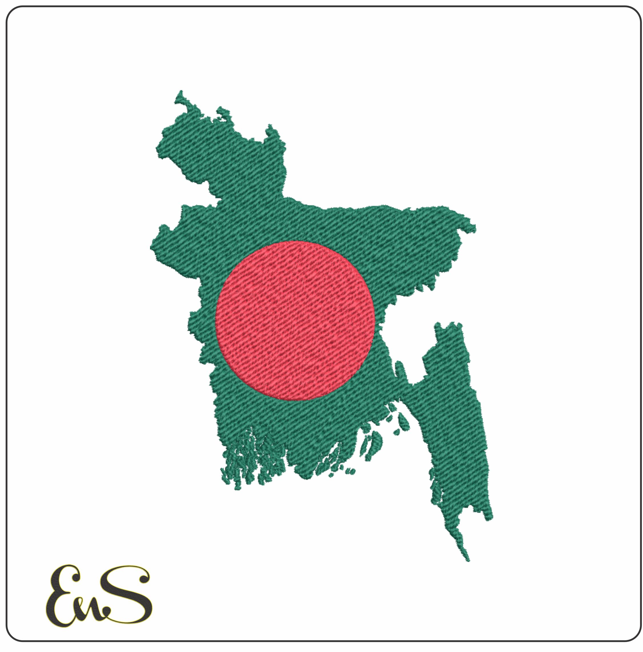 Bangladesh Map Flag in Country outline, National Map Flag, Red Circle and Green Background machine pattern embroidery file - instant download