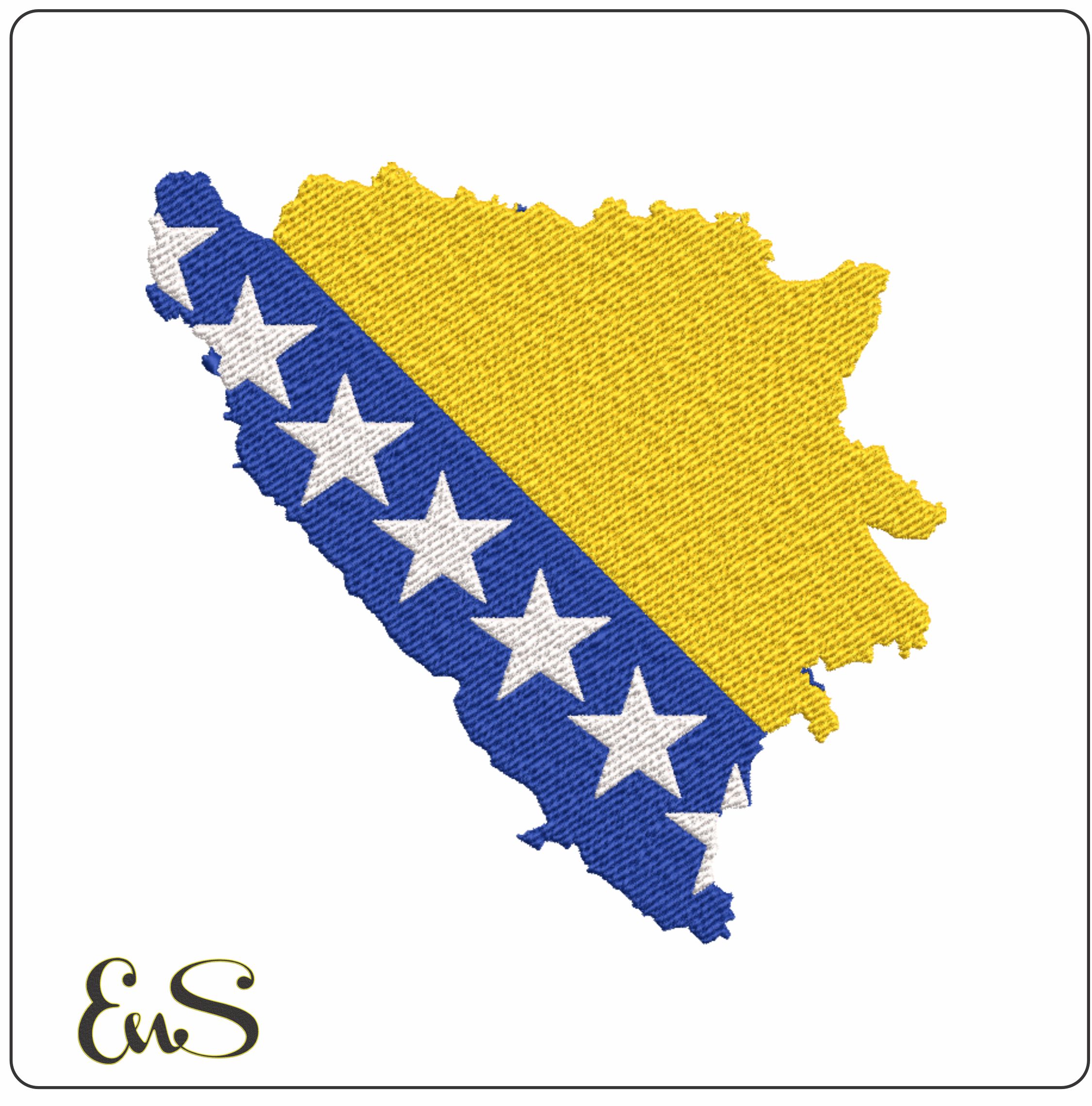 Bosnia and Herzegovina Map Flag in Country outline, National Map Flag Blue and Yellow with white Stars machine pattern embroidery file - instant download (Copy)