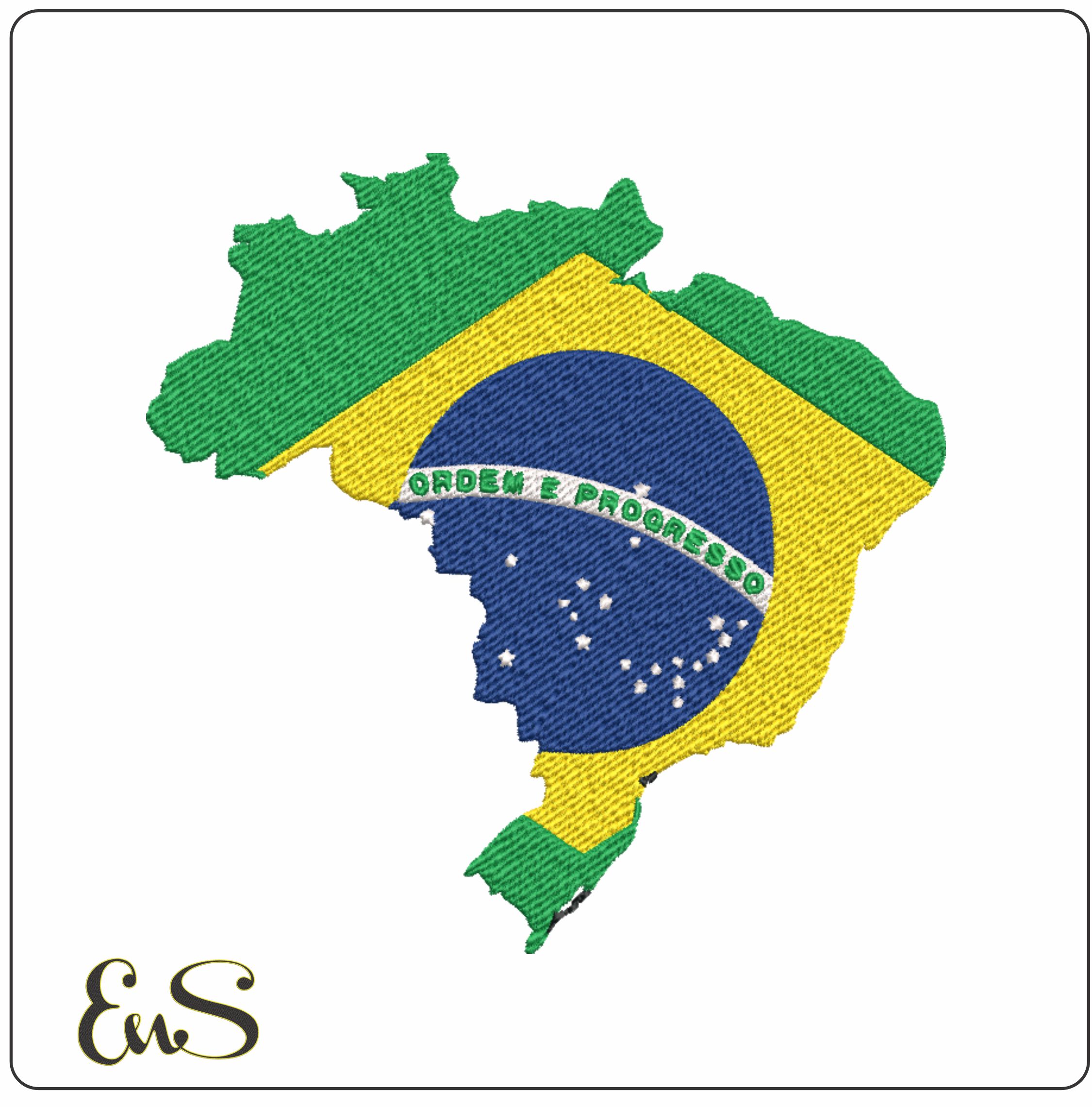 Brazil Map Flag in Country outline, National Map Flag Blue White Green and Yellow machine pattern embroidery file - instant download