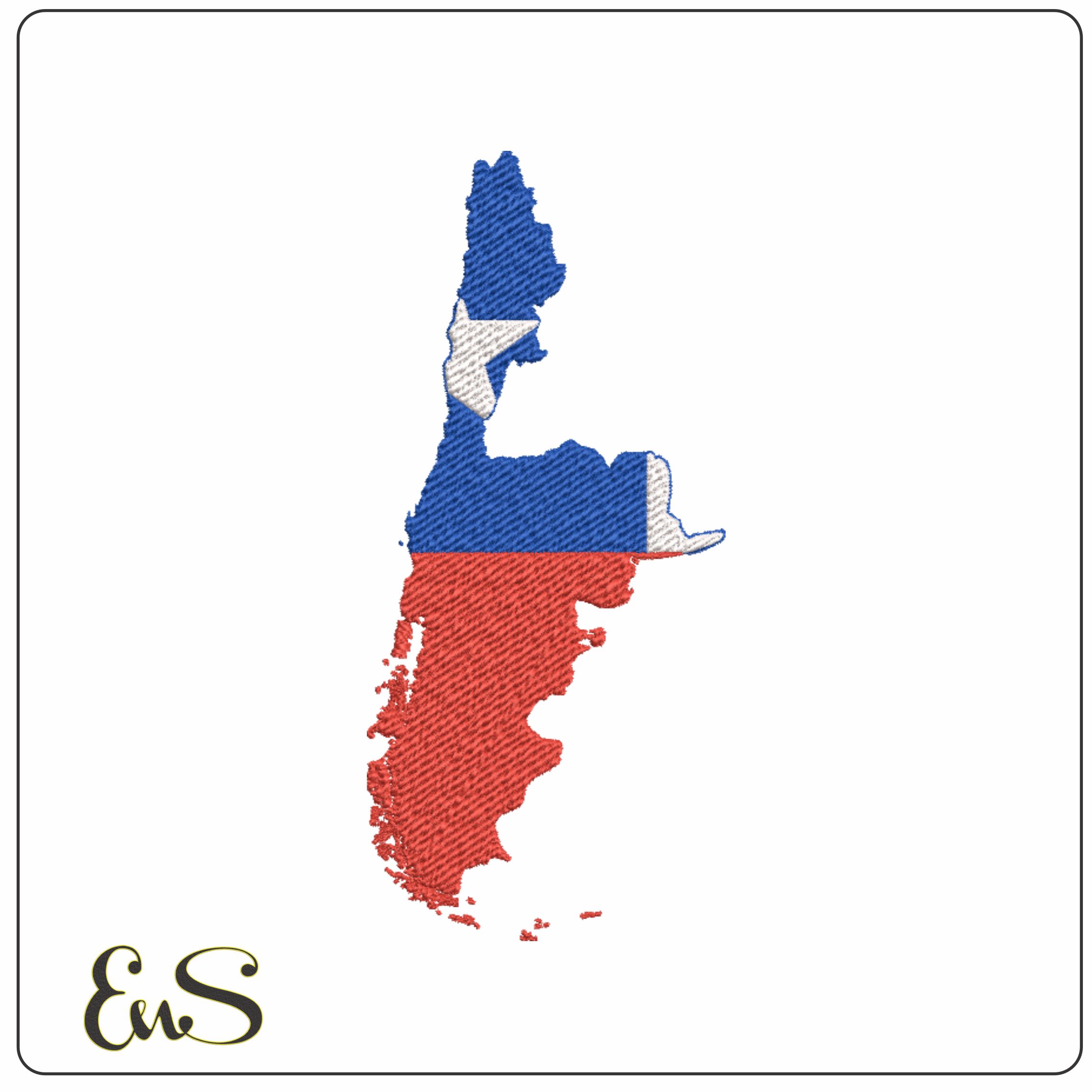 Chile Map Flag in Country outline, National Map Flag White Blue and Red with single white star machine pattern embroidery file - instant download