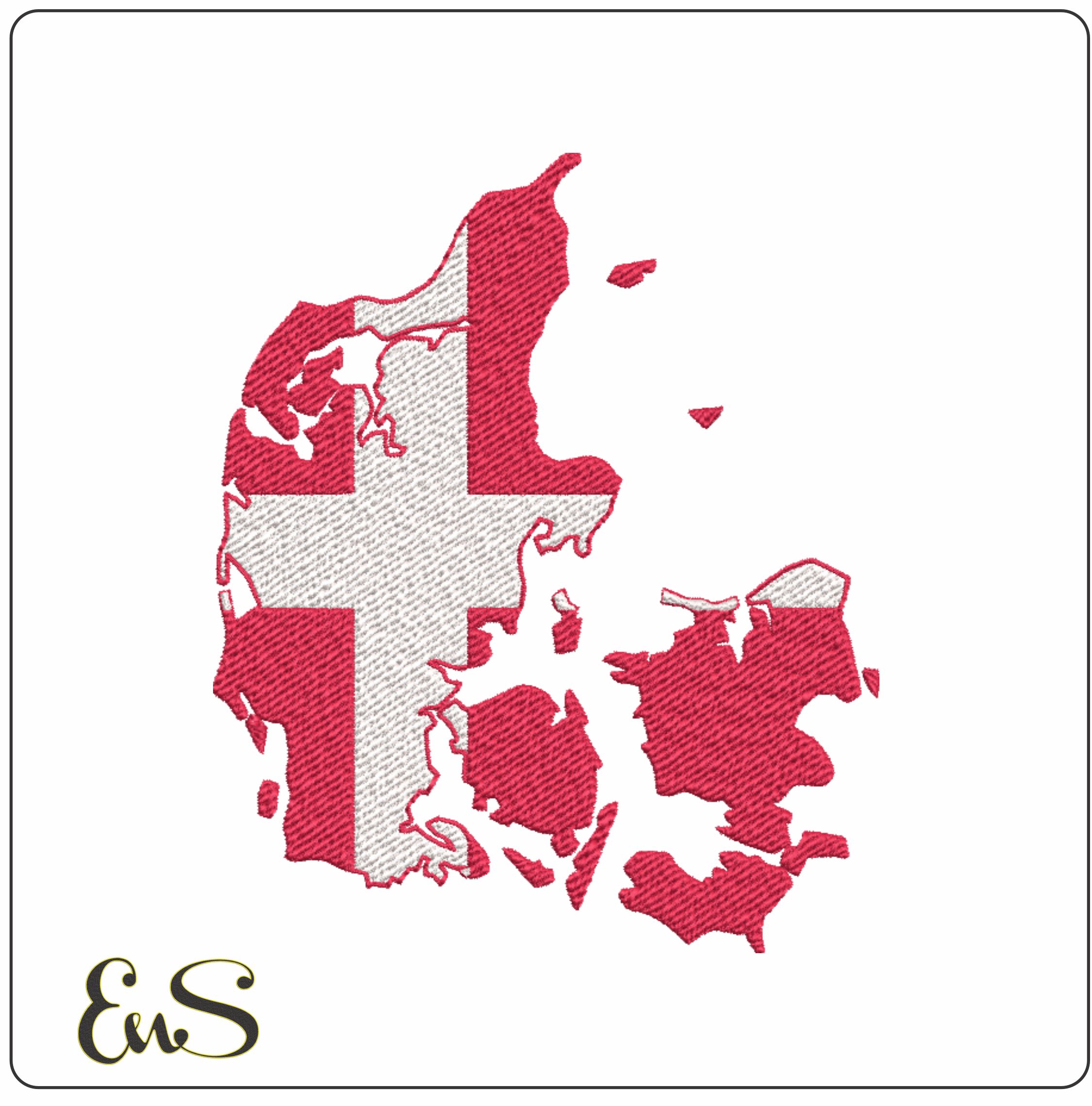 Denmark (Danish) Map Flag in Country outline, National Map Flag Red and White cross machine pattern embroidery file - instant download