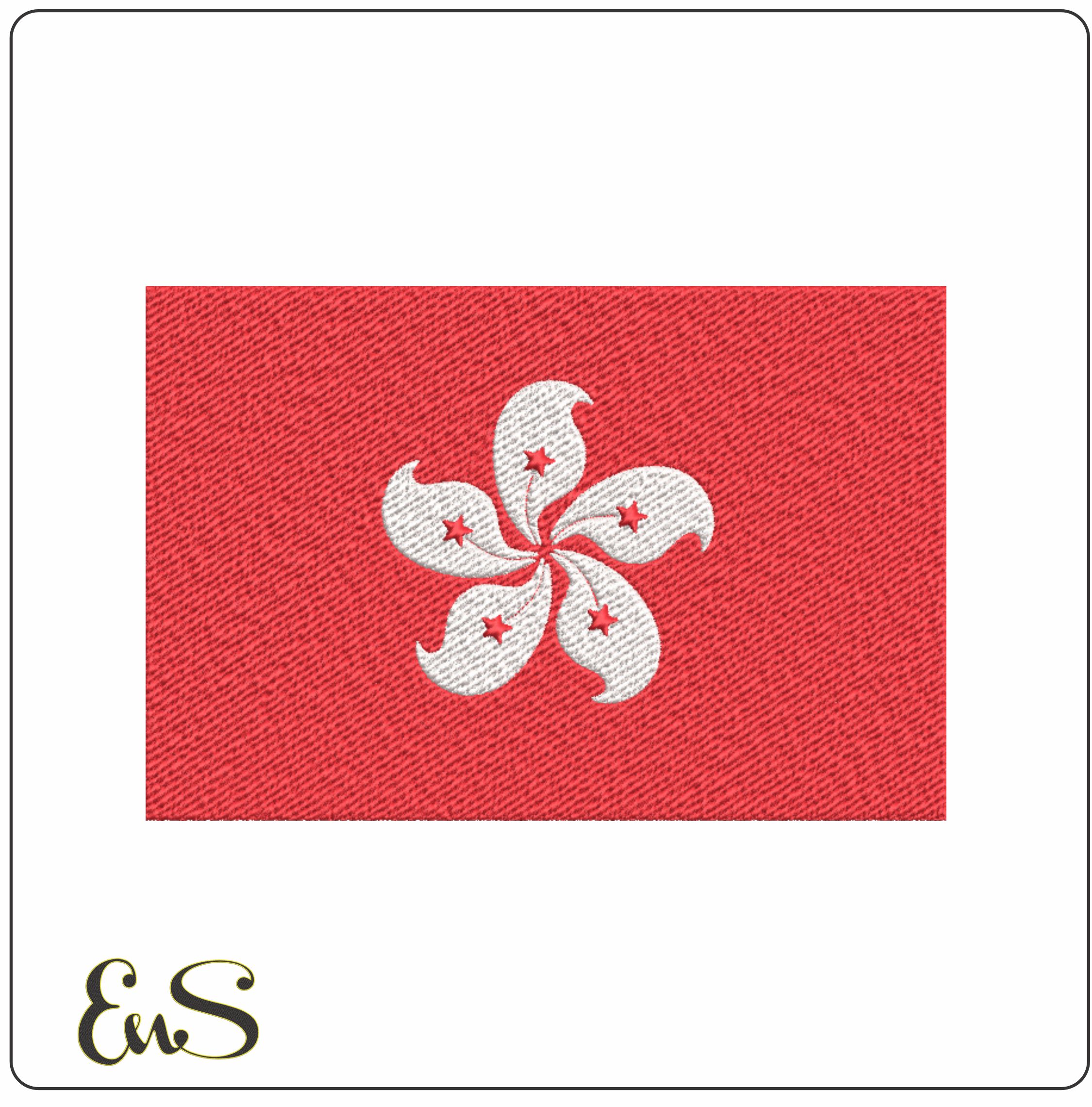 Hong Kong Flag in Country outline, National Map Flag, Red White, Bauhinia Petal Flower machine pattern embroidery file - instant download