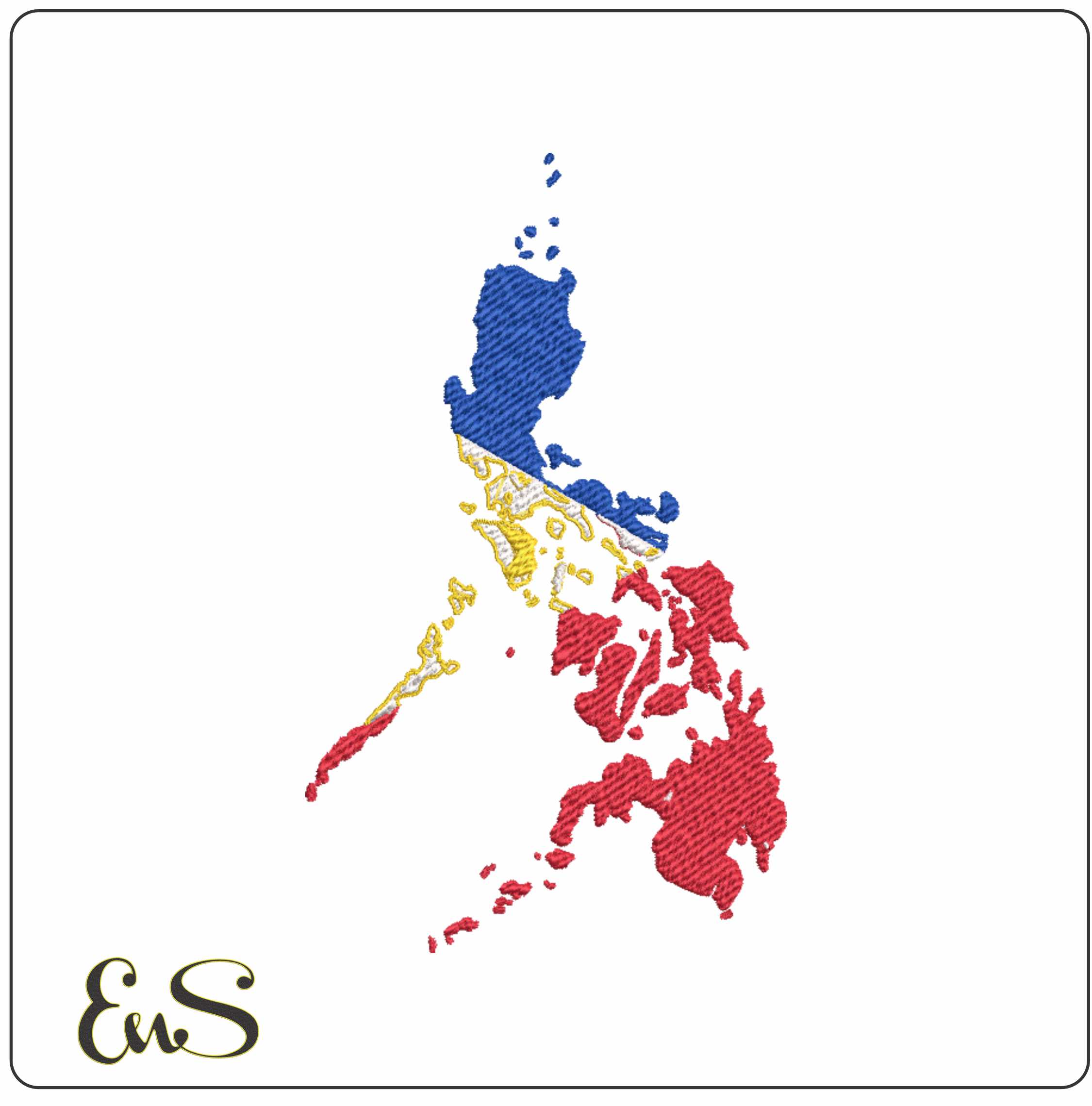 Philippines Map Flag in Country outline, National Map Flag Blue Yellow White and Red machine pattern embroidery file - instant download