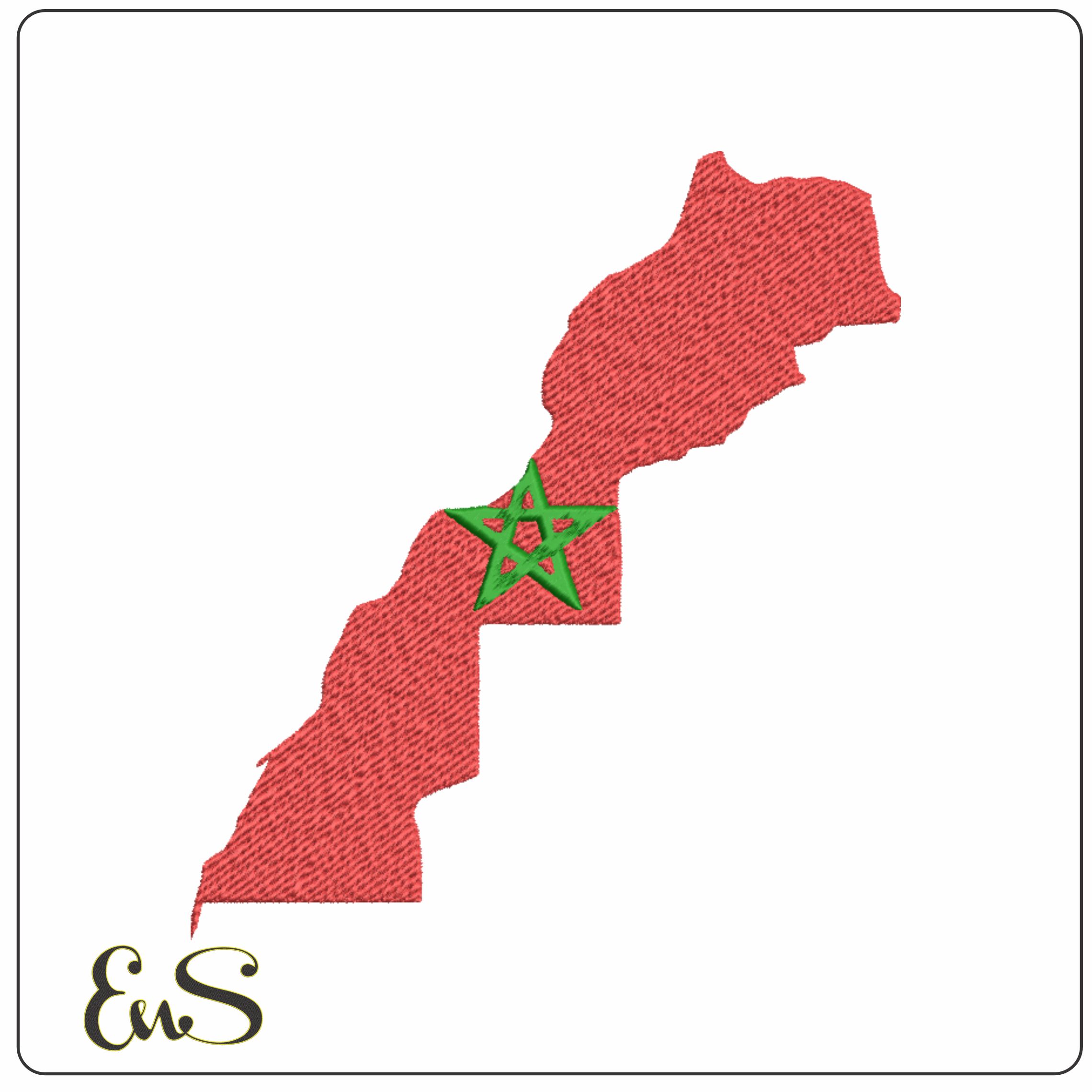 Morrocco Map Flag in outline, Country Red with Green Star machine pattern embroidery file - instant download