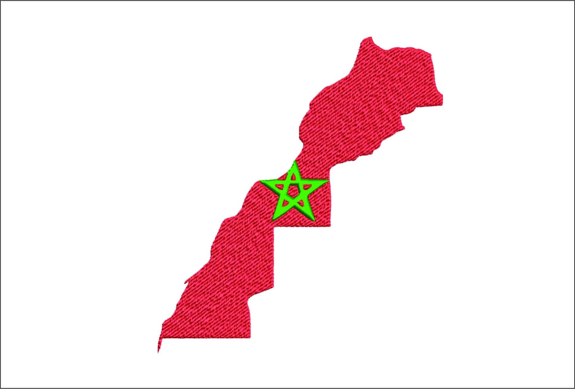 Morrocco Map Flag in outline, Country Red with Green Star machine pattern embroidery file - instant download