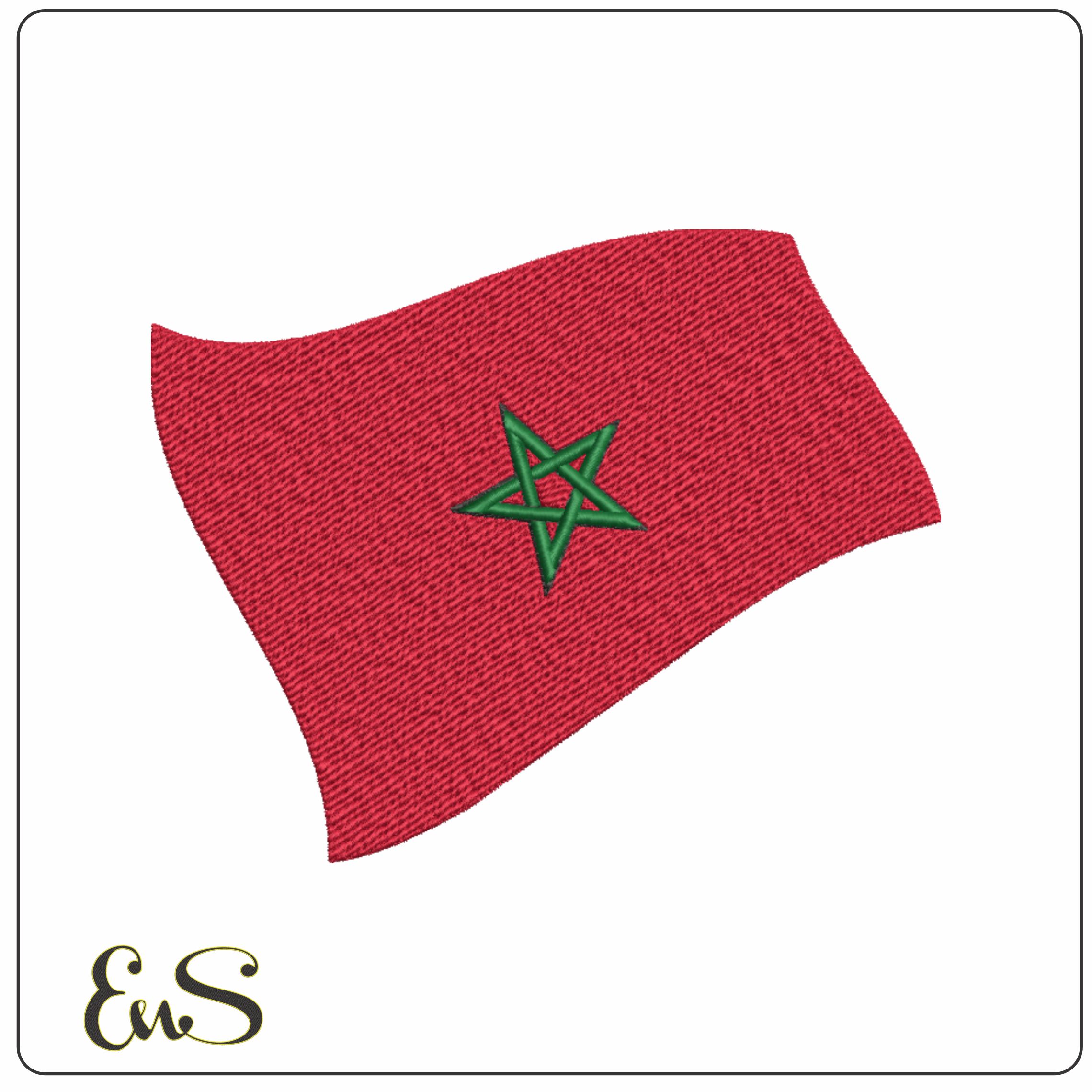 Morocco Waving Flag in outline, Country Red with Green Star machine pattern embroidery file - instant download