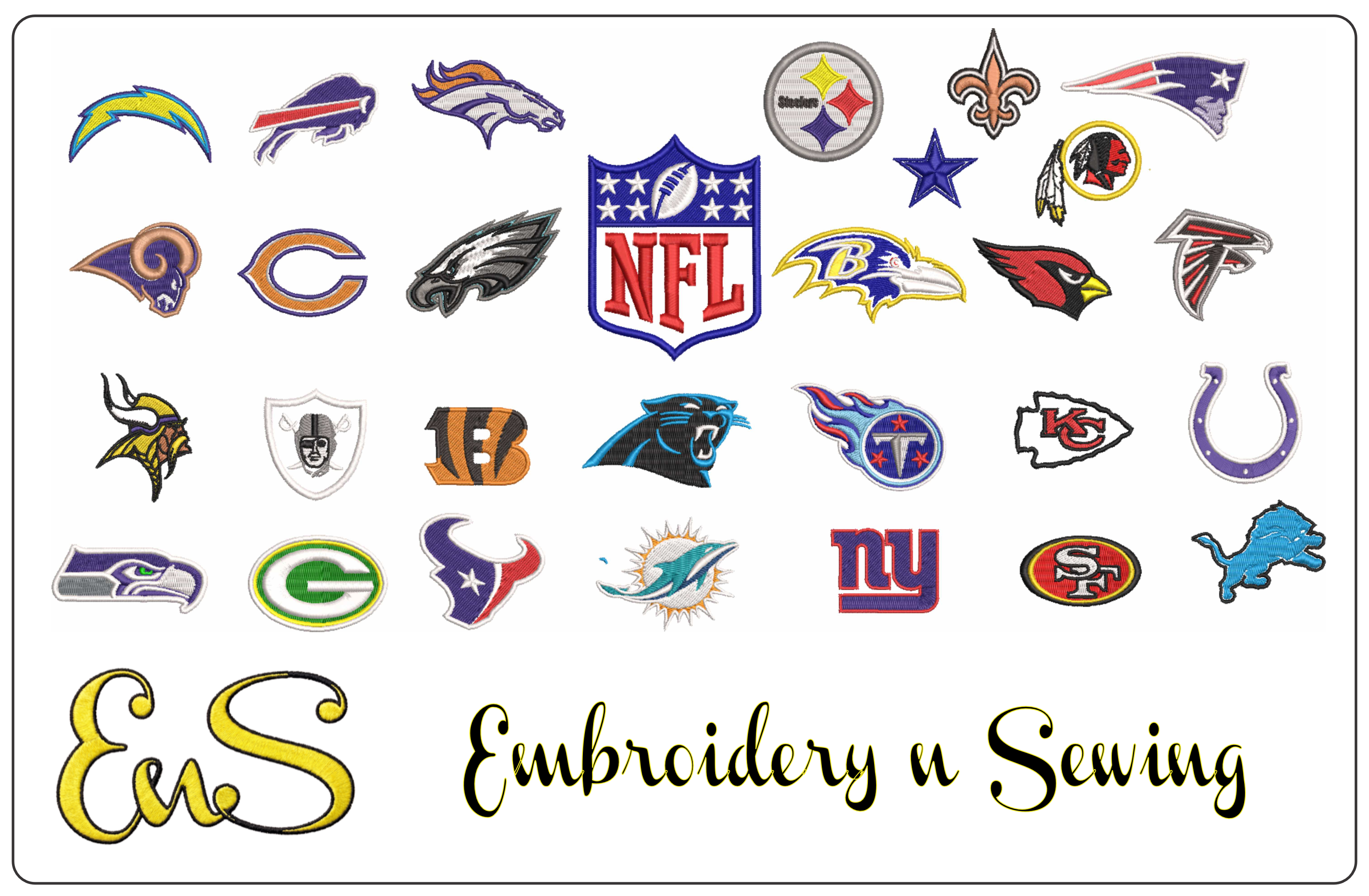 28 National Football League NFL - Individual Logos SPECIAL PACKAGE - 2 inch embroidery design of the logos for the NFL