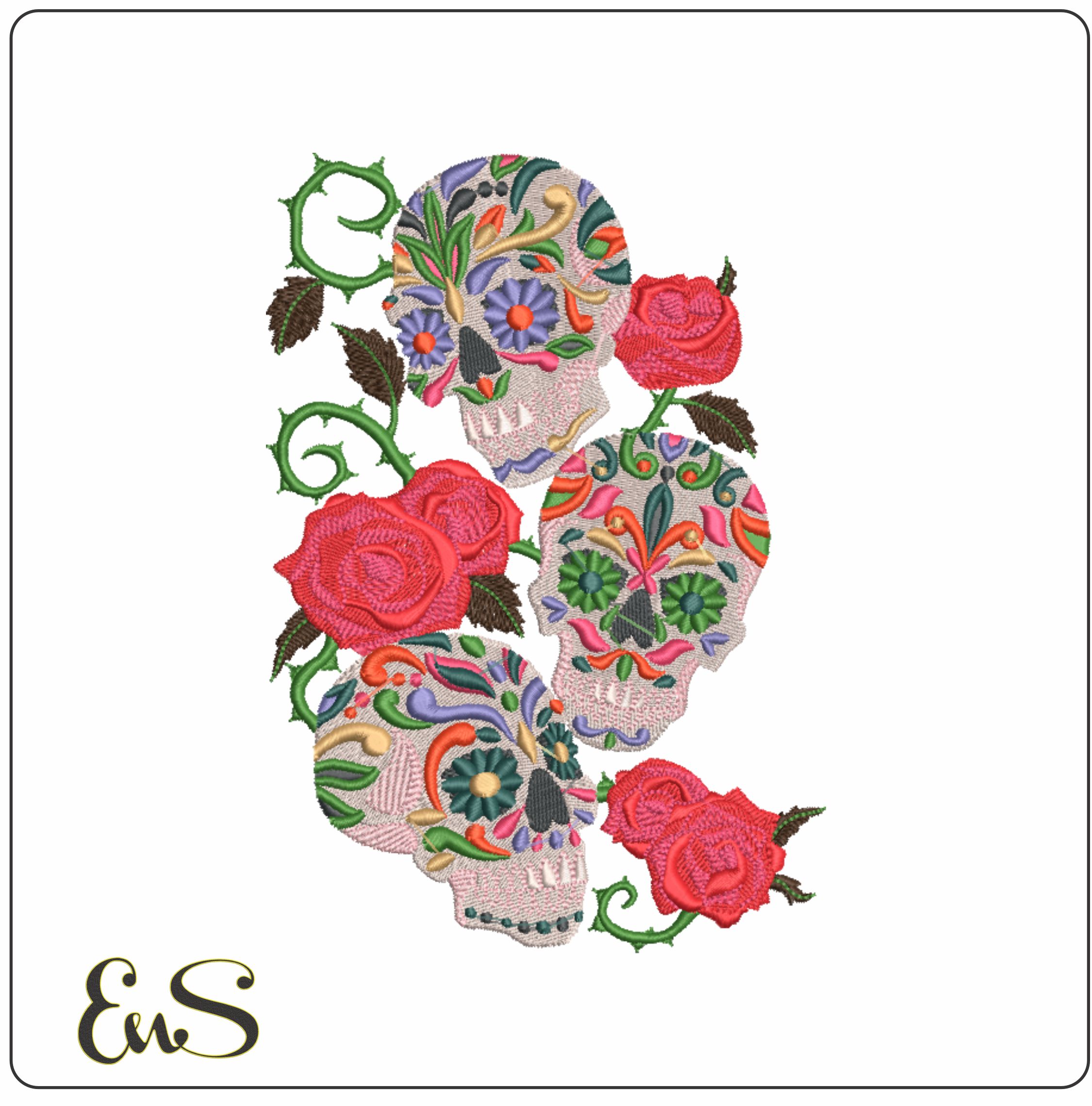 3 Sugar Skulls with Flowers - Day of the Dead - Halloween embroidery design - embroidery file - instant download