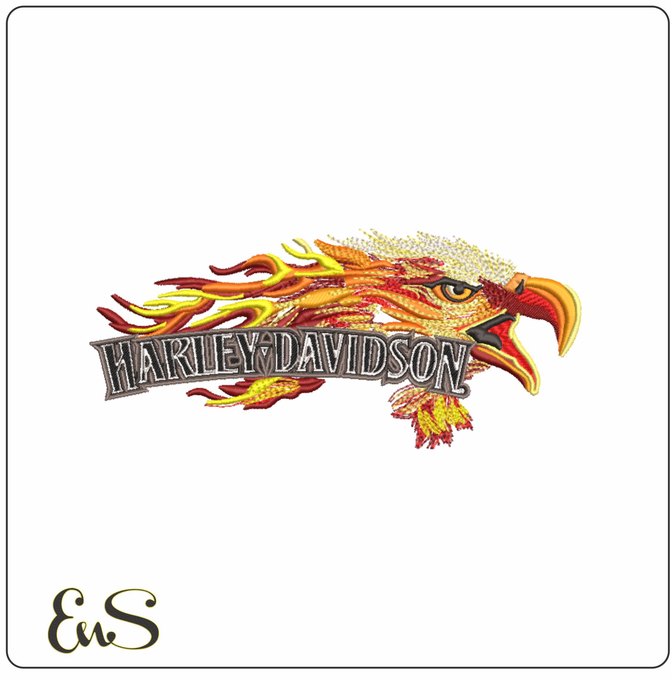 Harley Davidson Motorbike Eagle Flames Logo embroidery design - group design machine pattern Bike Company embroidery file instant download in a frame
