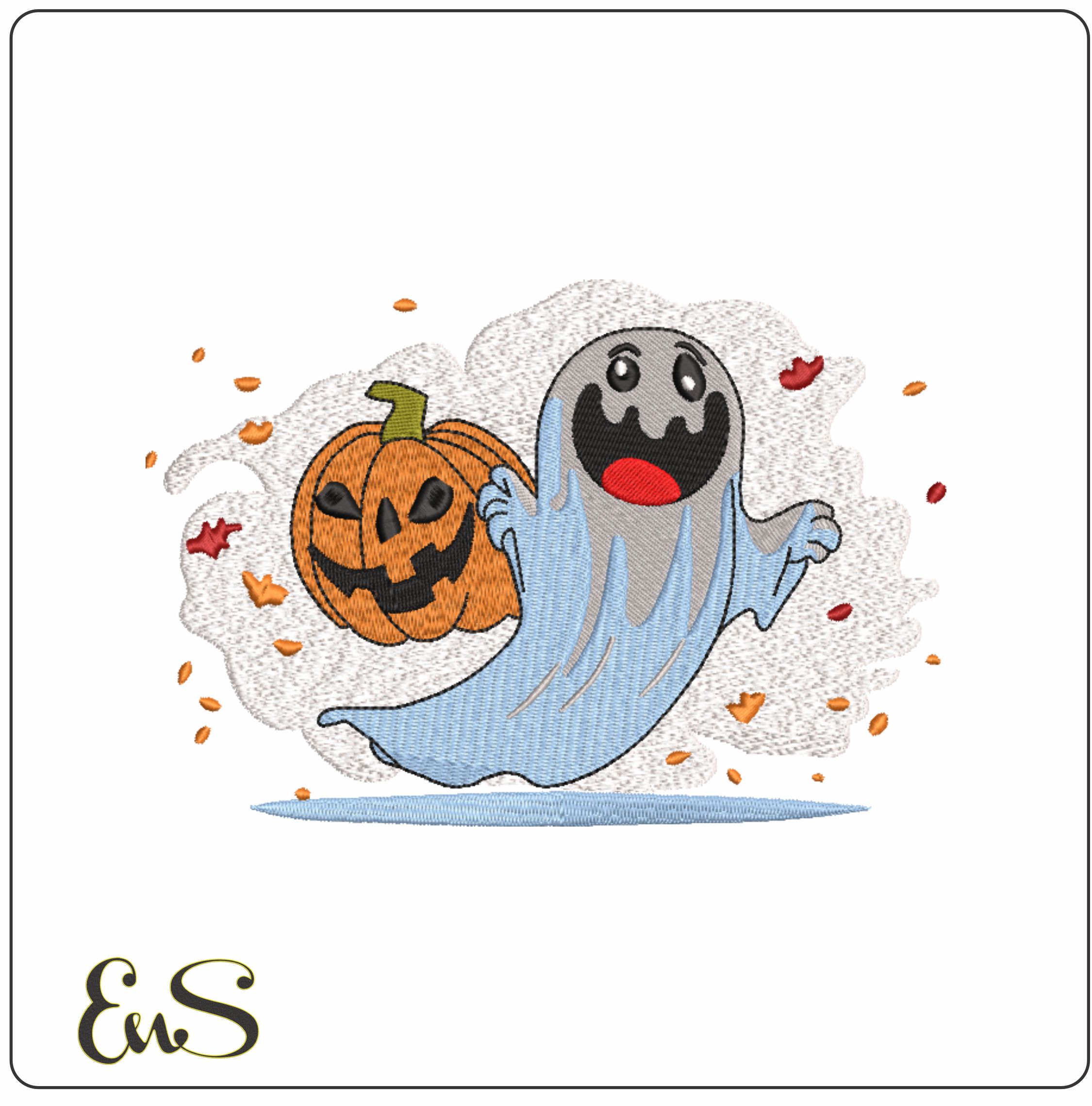 Ghost and Pumpkin in the wind- Halloween embroidery design - embroidery file - instant download