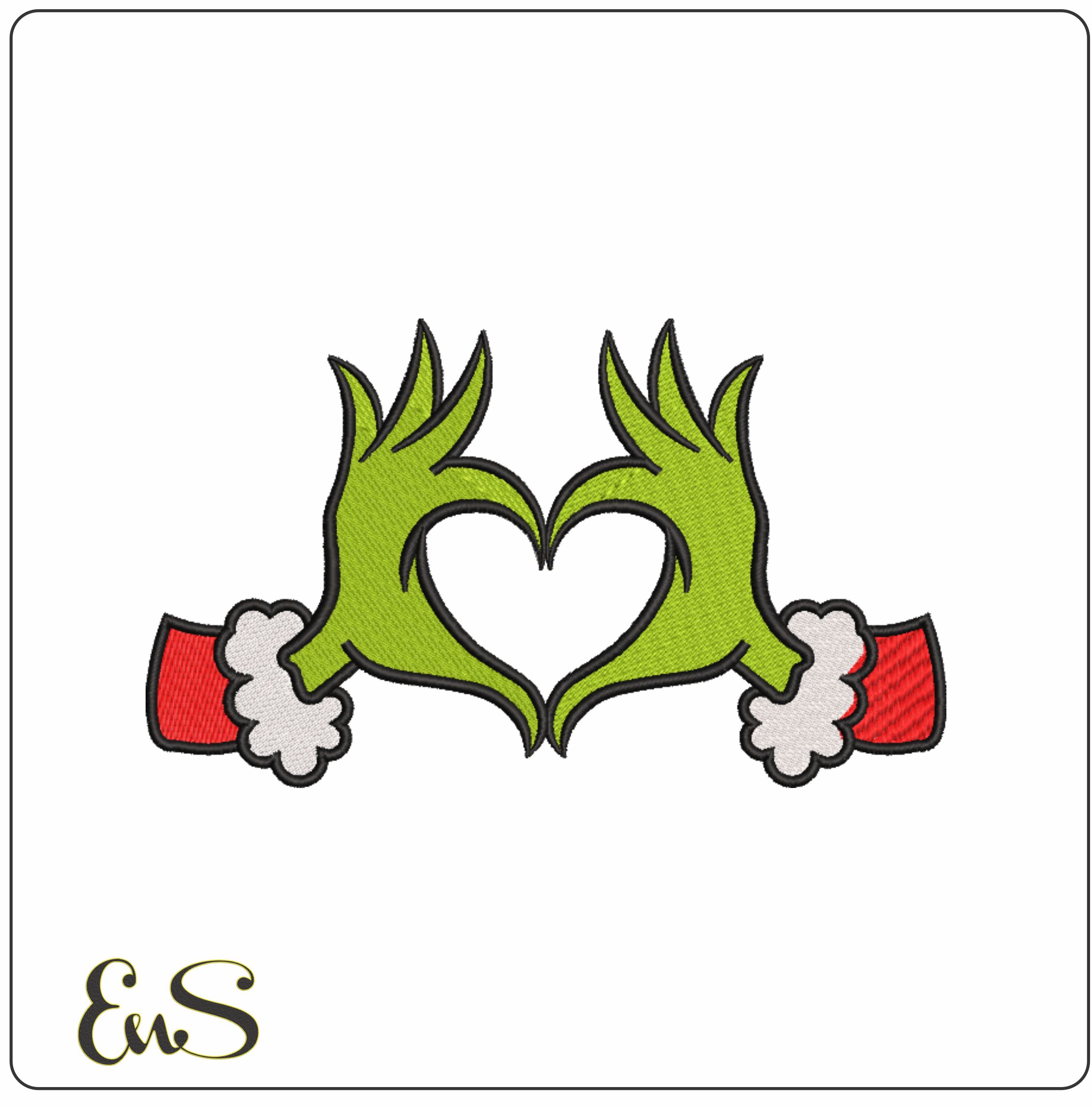 Grinch Head Love Hands - Xmas embroidery design file - instant download in a frame