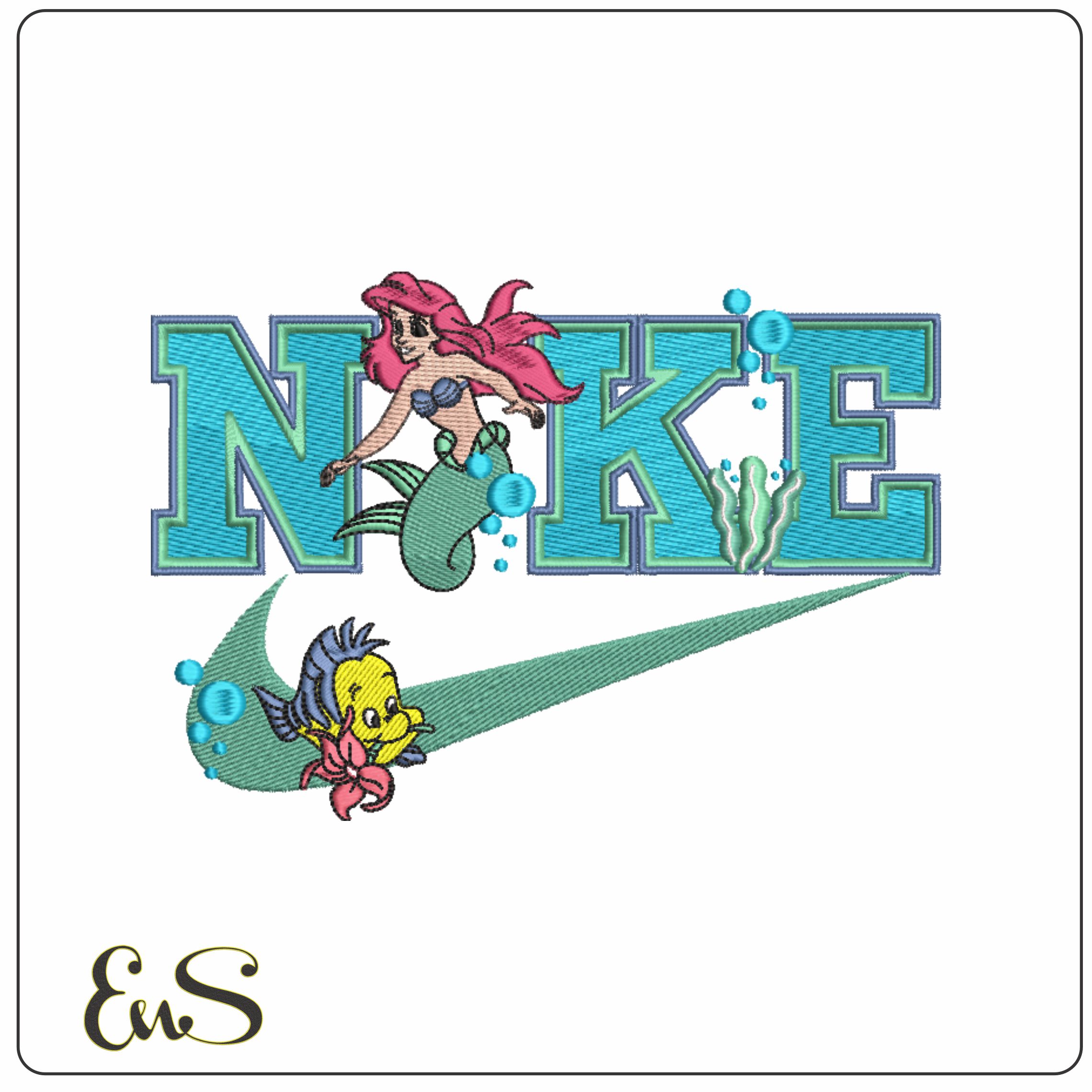 Nike Swoosh Disney Little Mermaid Ariel and Flounder - Nike embroidery design file - instant download in a frame