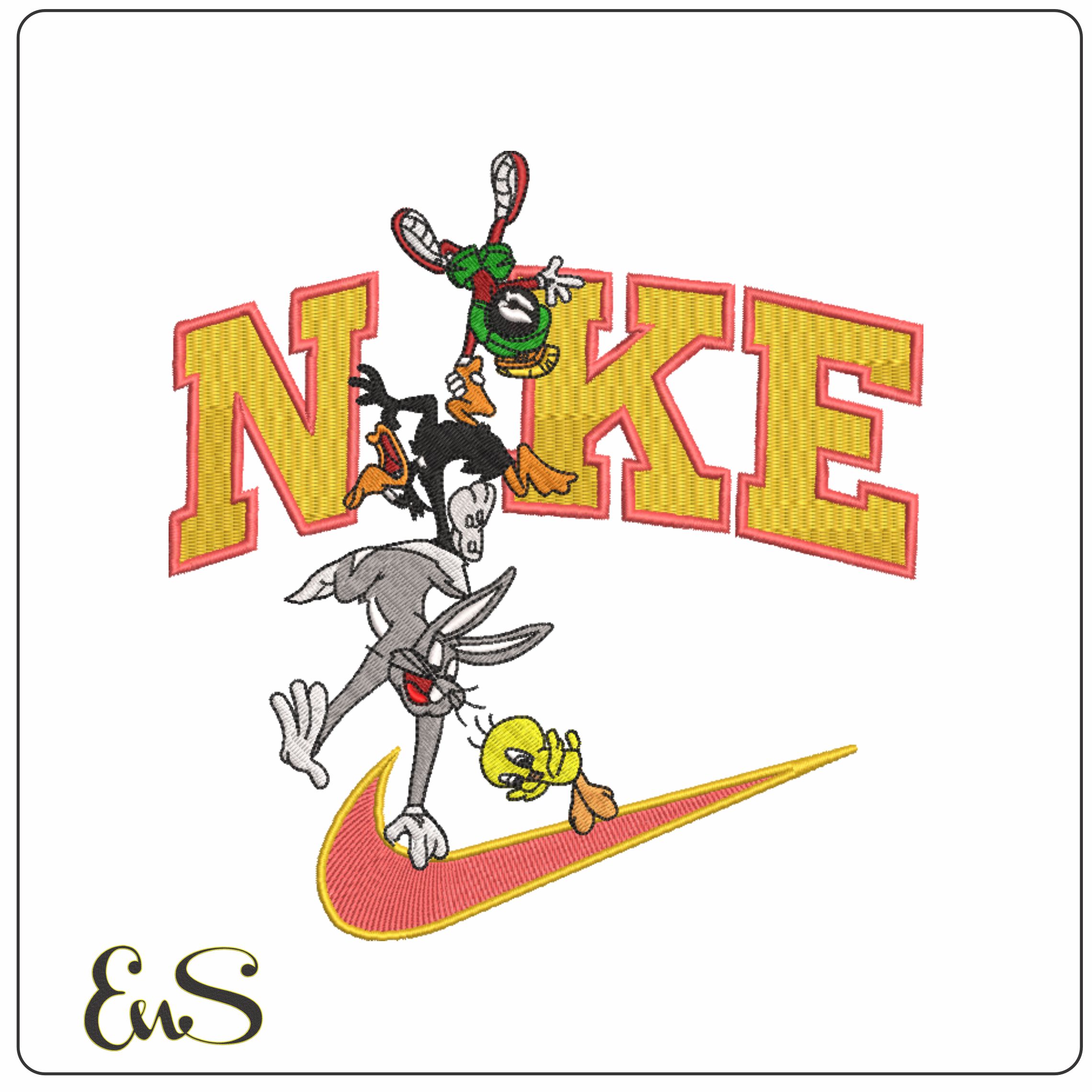 Nike Swoosh Daffy Buggs Tweety Hanging - Nike Looney Tunes embroidery design file - instant download