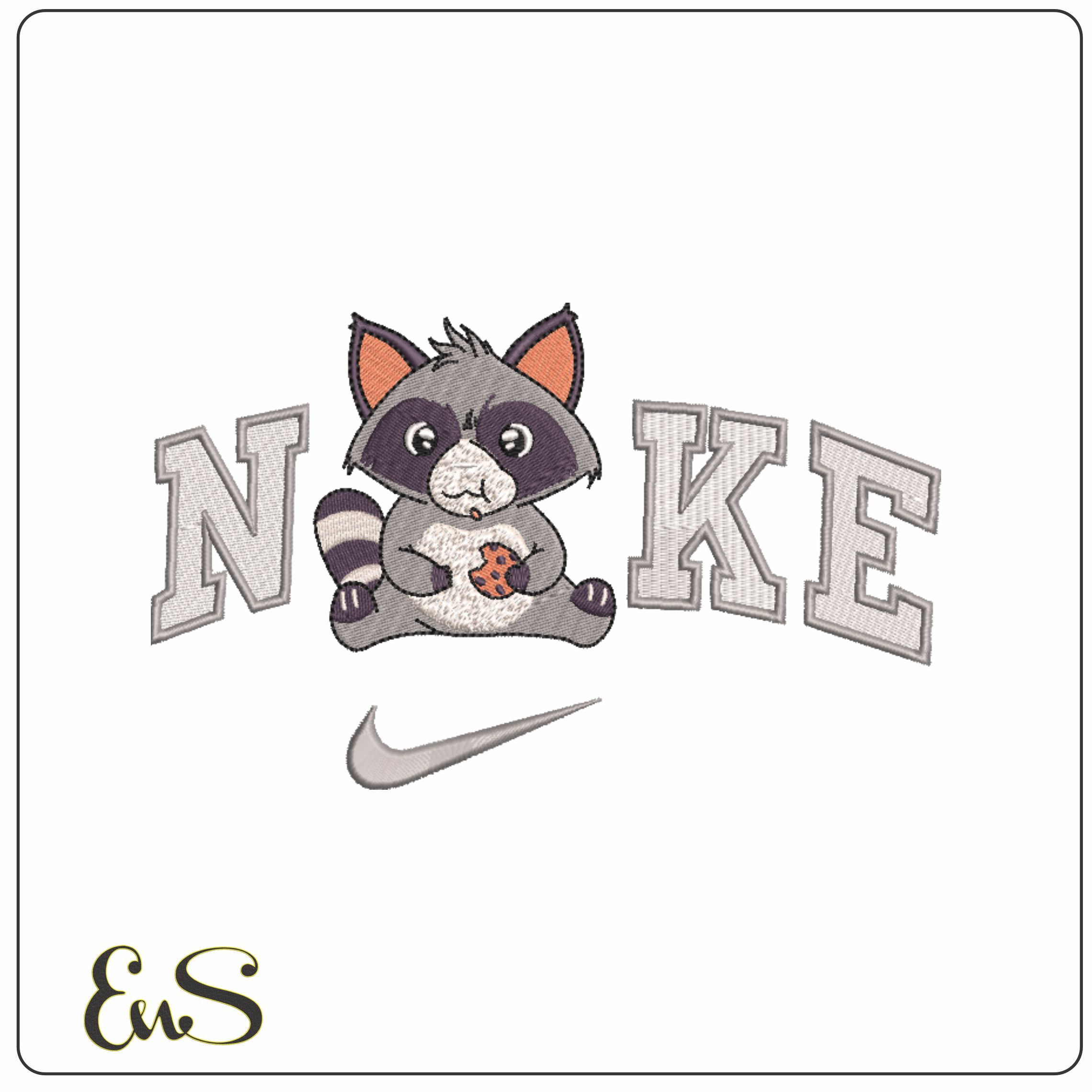 Nike Swoosh Raccoon With Cookie - Kids embroidery design file - instant download