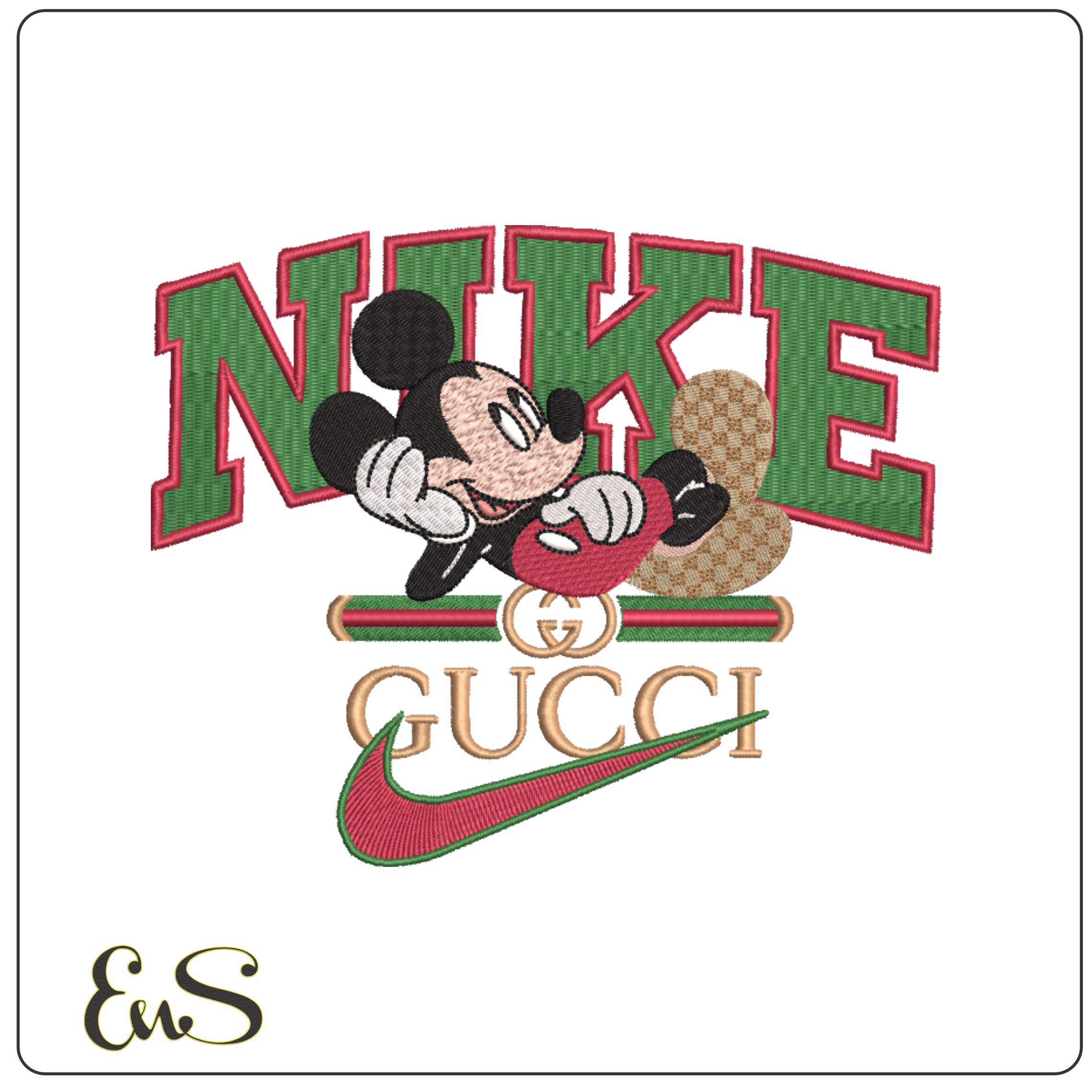Nike Swoosh and Gucci Mickey Mouse Laying down - embroidery design file - instant download