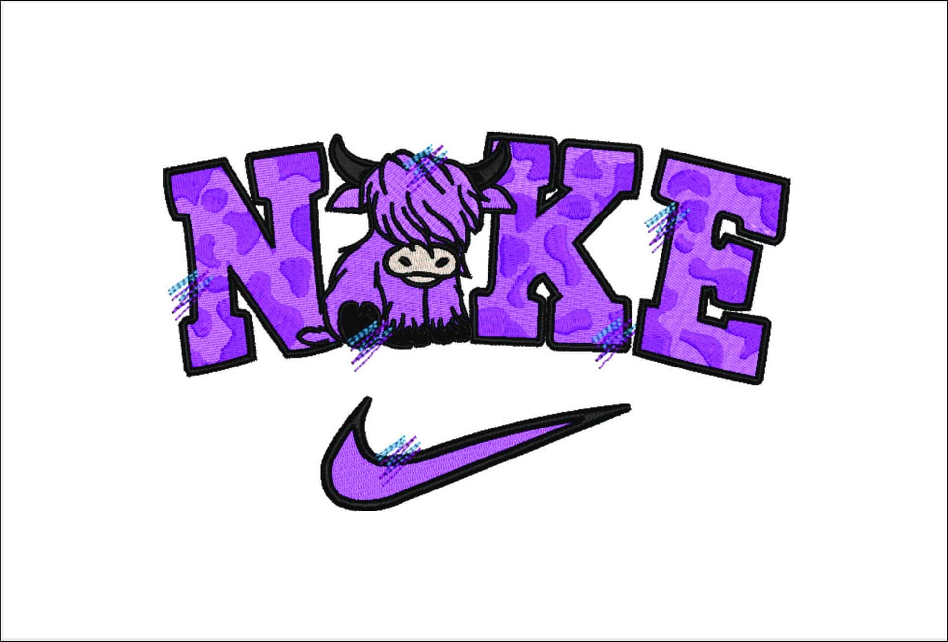 Nike Swoosh Purple Highland Cow - Nike embroidery design file - instant download in a frame