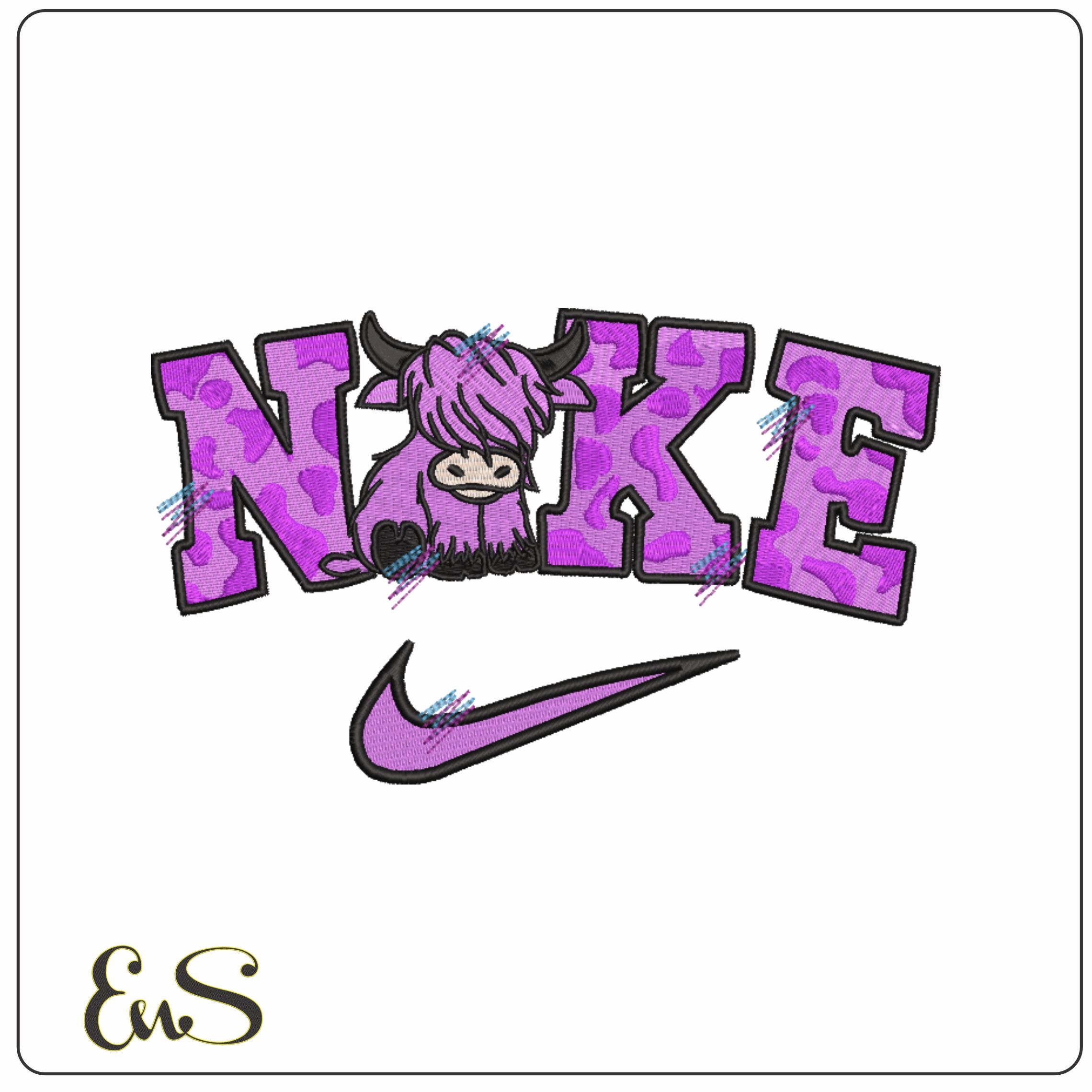 Nike Swoosh Purple Highland Cow - Nike embroidery design file - instant download in a frame