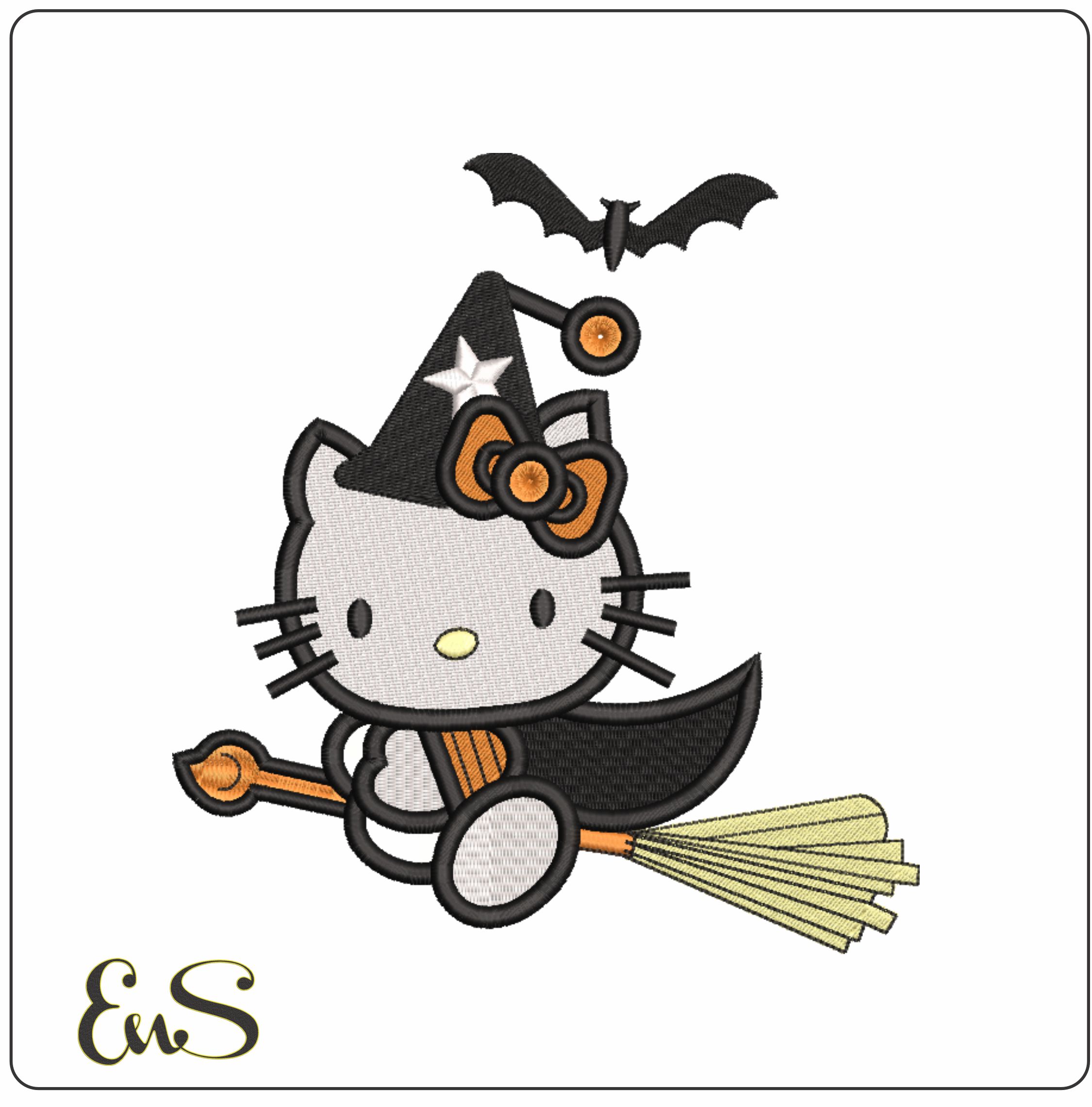 Hello Kitty Witch on Broom - Halloween embroidery design - embroidery file - instant download