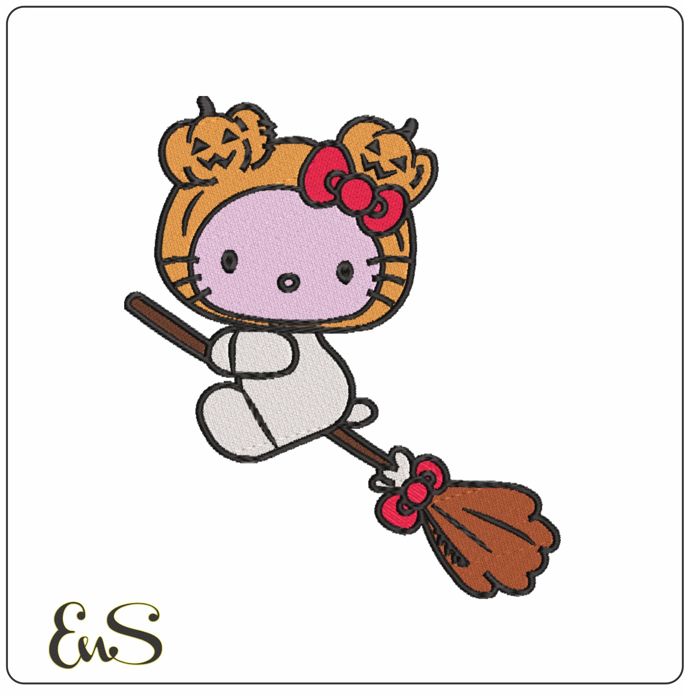 Hello Kitty Pumpkin Head on Broom - Halloween embroidery design - embroidery file - instant download