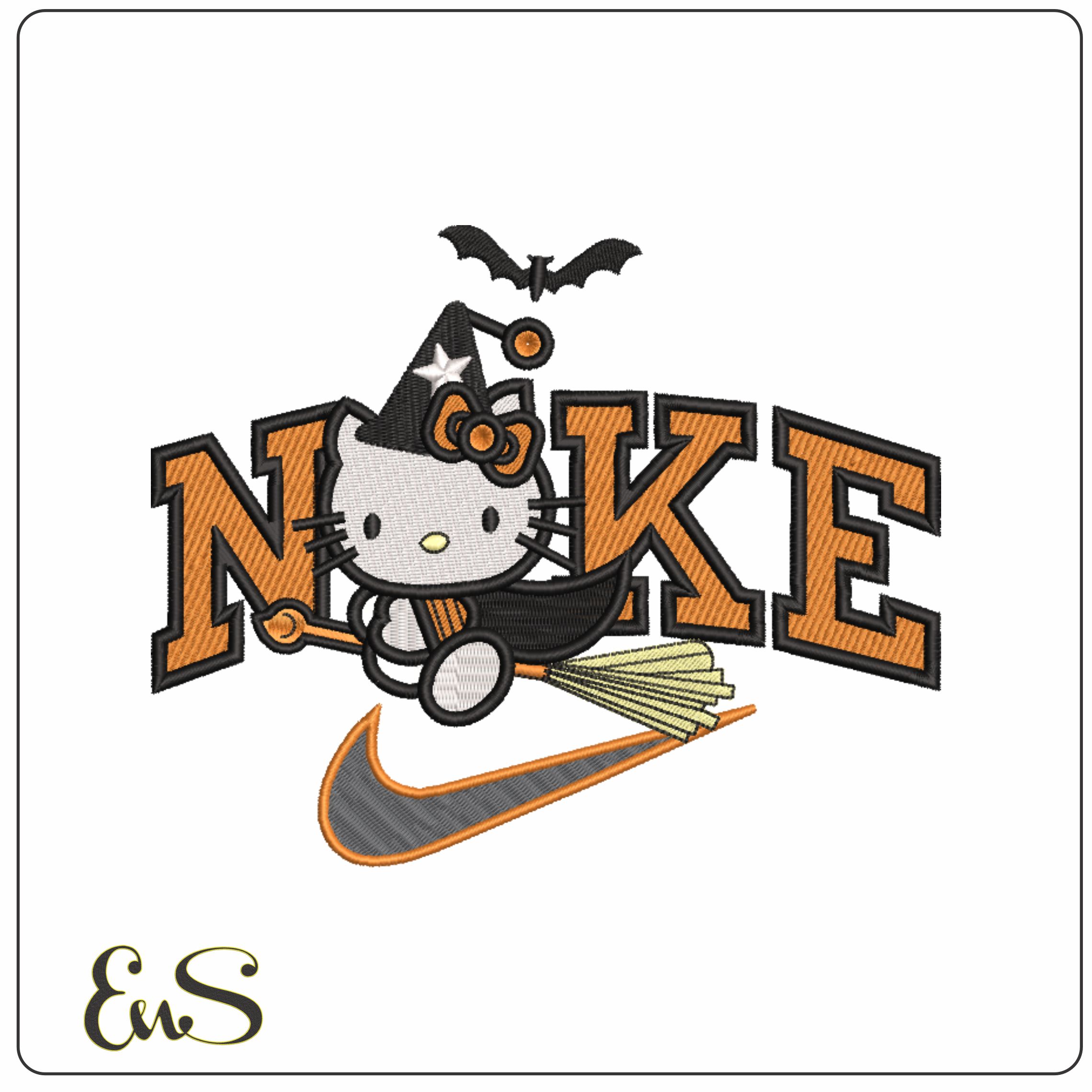 Nike Swoosh Hello Kitty Witch on Broom - Halloween embroidery design - embroidery file - instant download