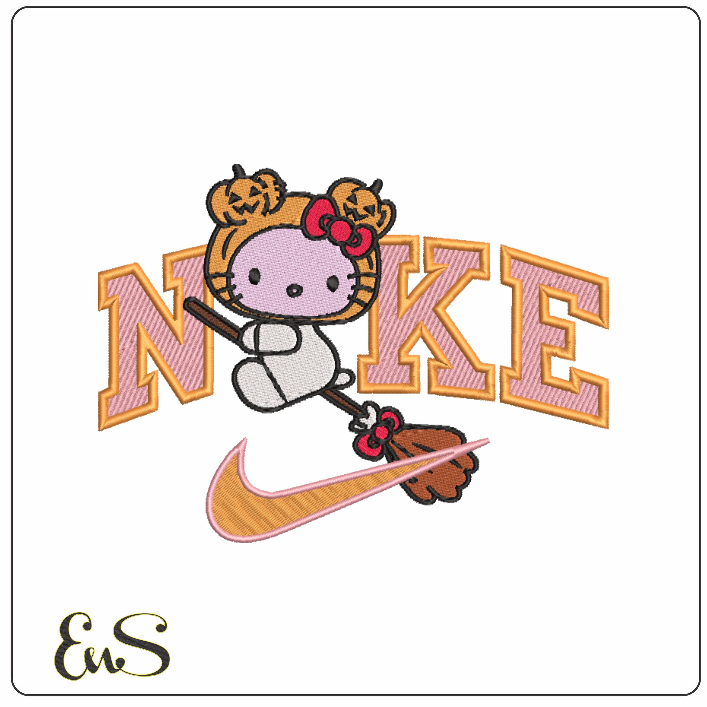 Nike Swoosh Hello Kitty Pumpkin Head on Broom - Halloween embroidery design - embroidery file - instant download
