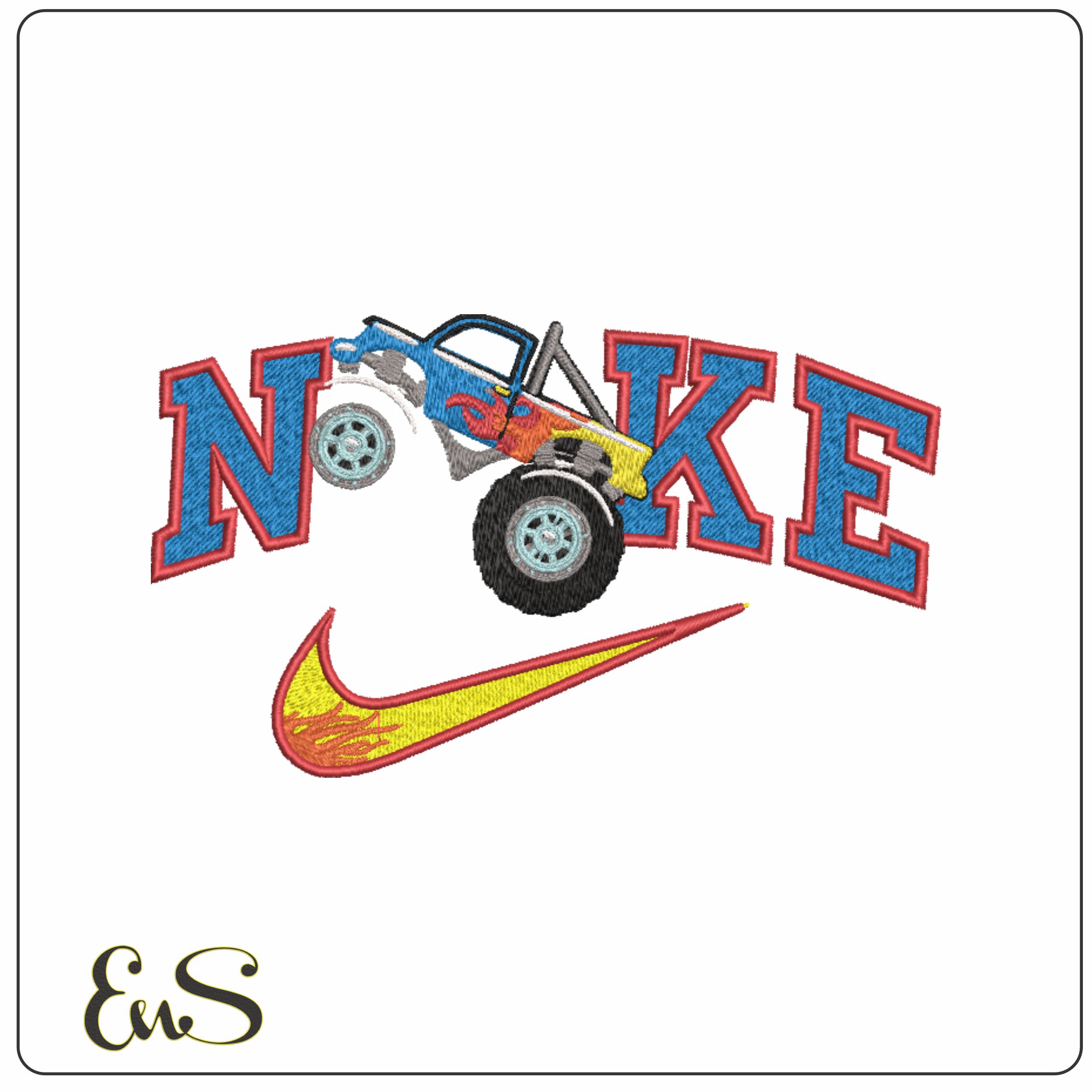 Nike Swoosh Monster Truck Color and Flames - Nike Car embroidery design file - instant download