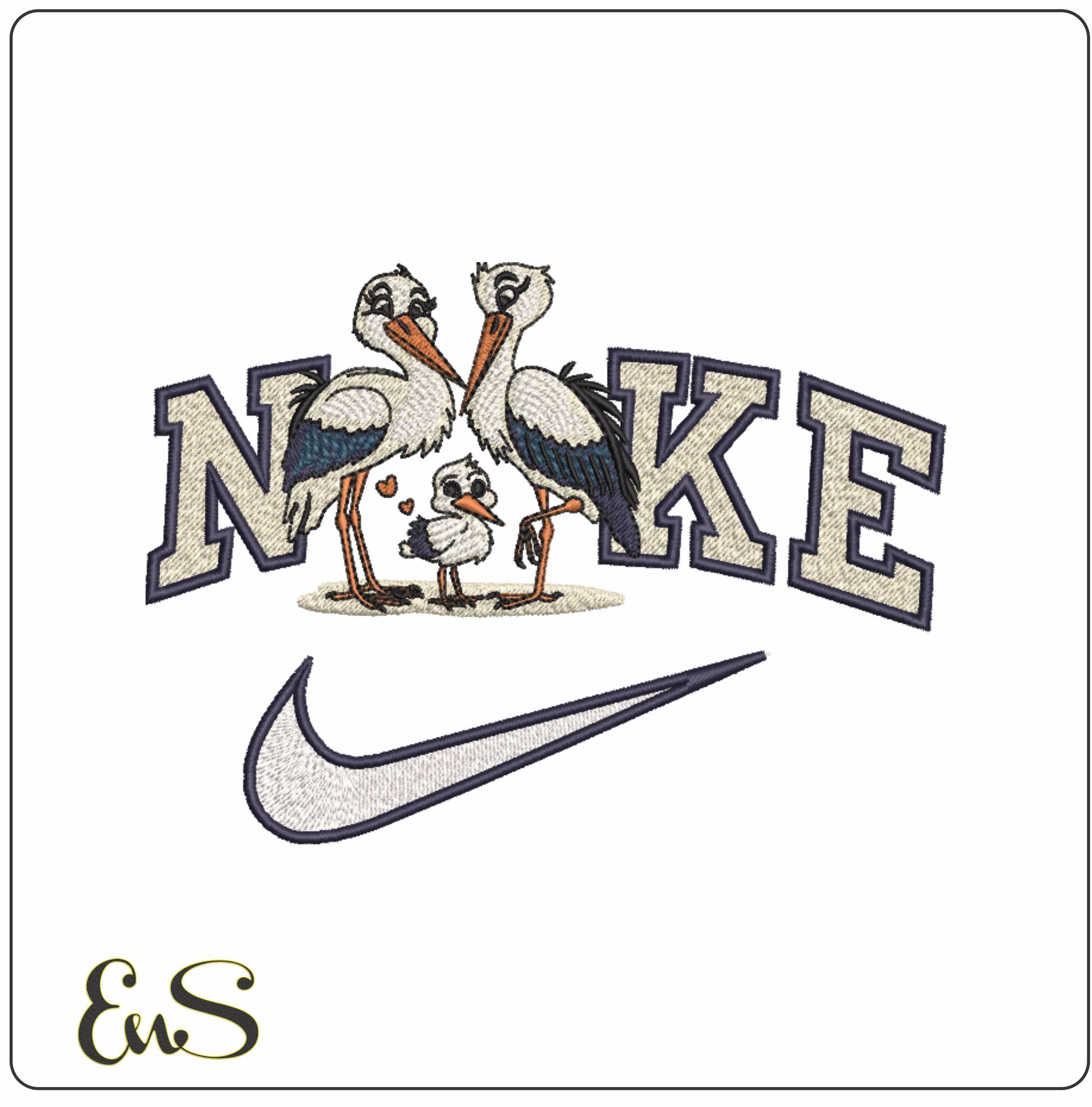 Nike Swoosh Stork Parents and Baby - Nike embroidery design file - instant download