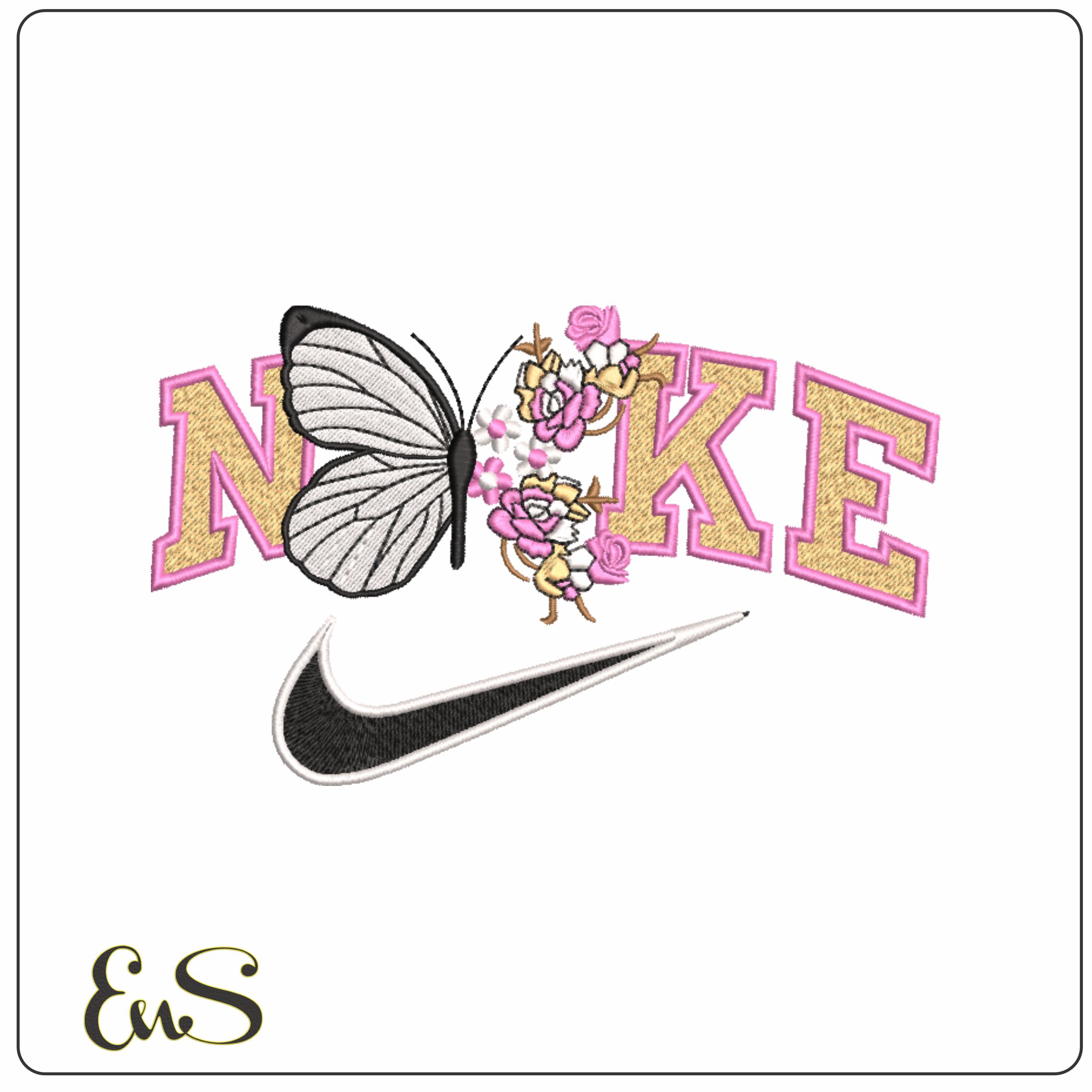 Nike Swoosh Butterflies and Flowers- Nike embroidery design file - instant download