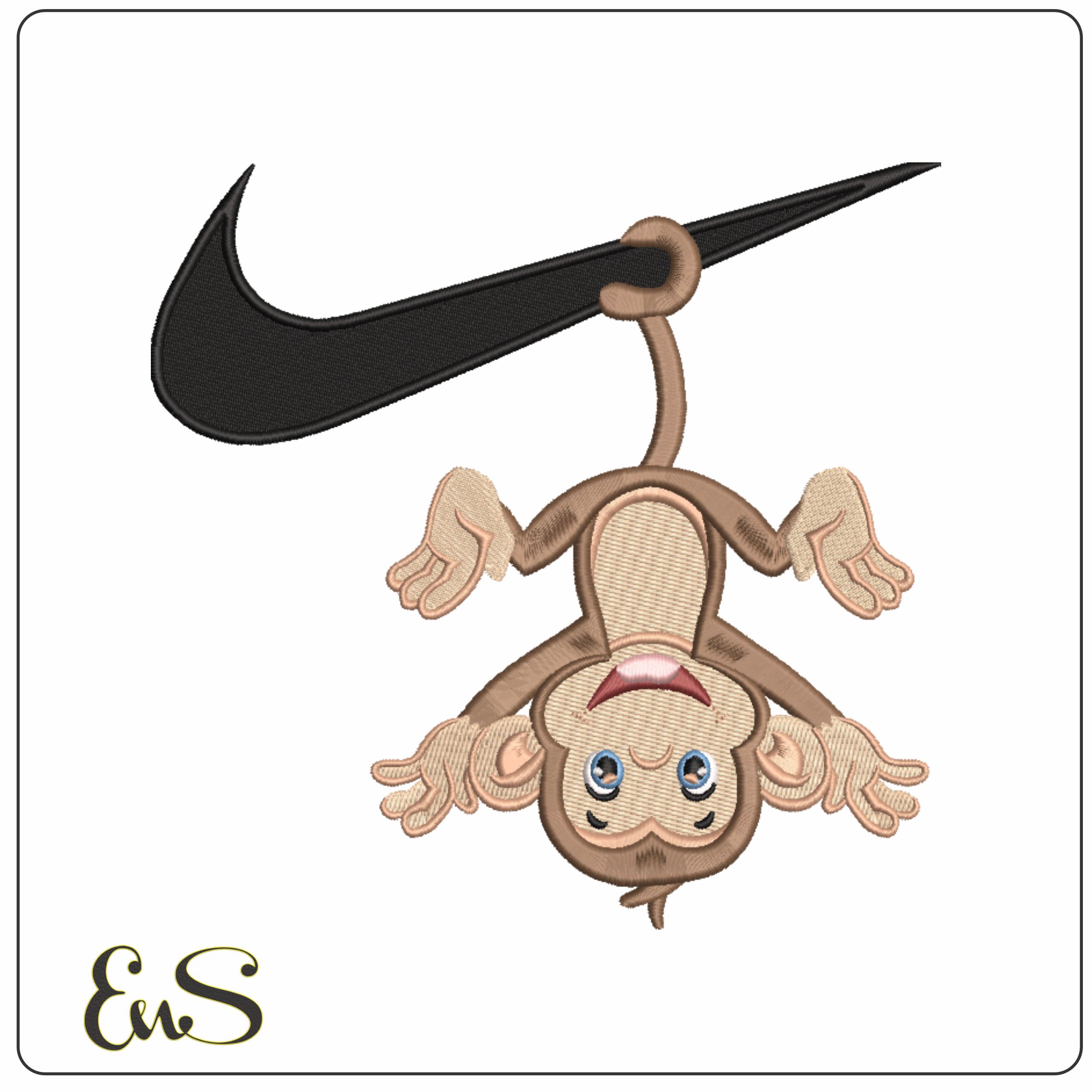 Nike Monkey Hanging- Nike embroidery design file - instant download