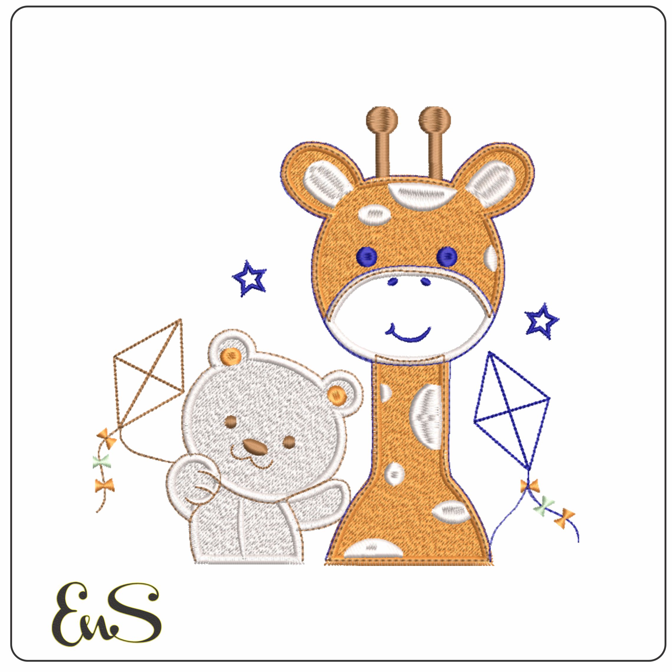 Childrens Bear and Giraffe- Elegant embroidery design file - instant download