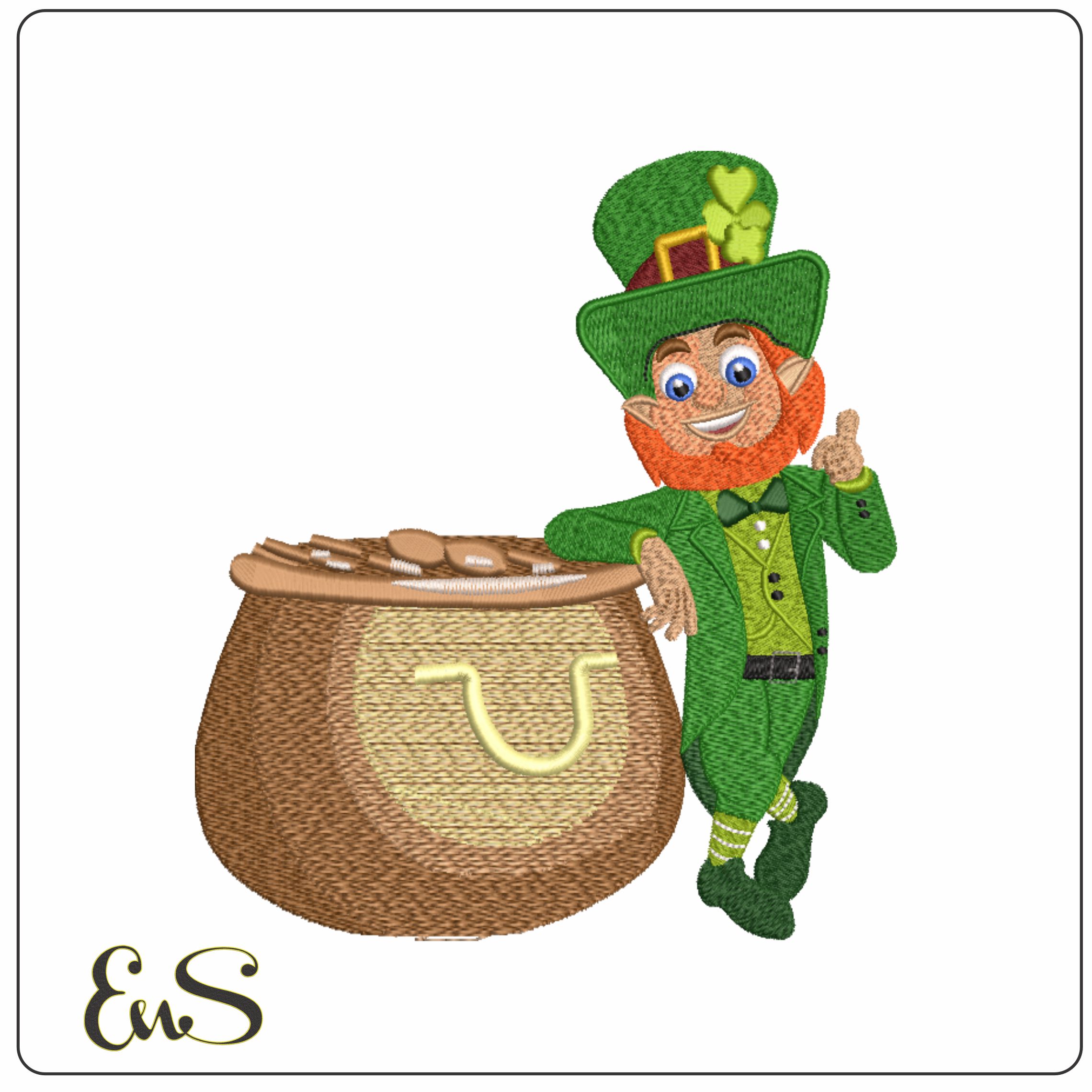 Leprachaun and pot of Gold- Elegant embroidery design file - instant download